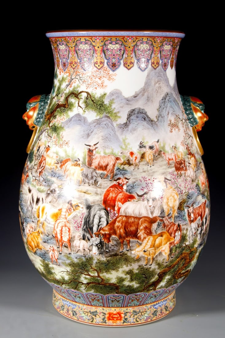 A Huge Enamel Painted Gold Landscape and Sheep Pattern Lion-Ears Vase: A Huge Enamel Painted Gold Landscape and Sheep Pattern Lion-Ears Vase, Qing Dynasty, China,Qianlong Four-character Mark,Size:24inx11.4inx11.2in 珐琅彩描金山水