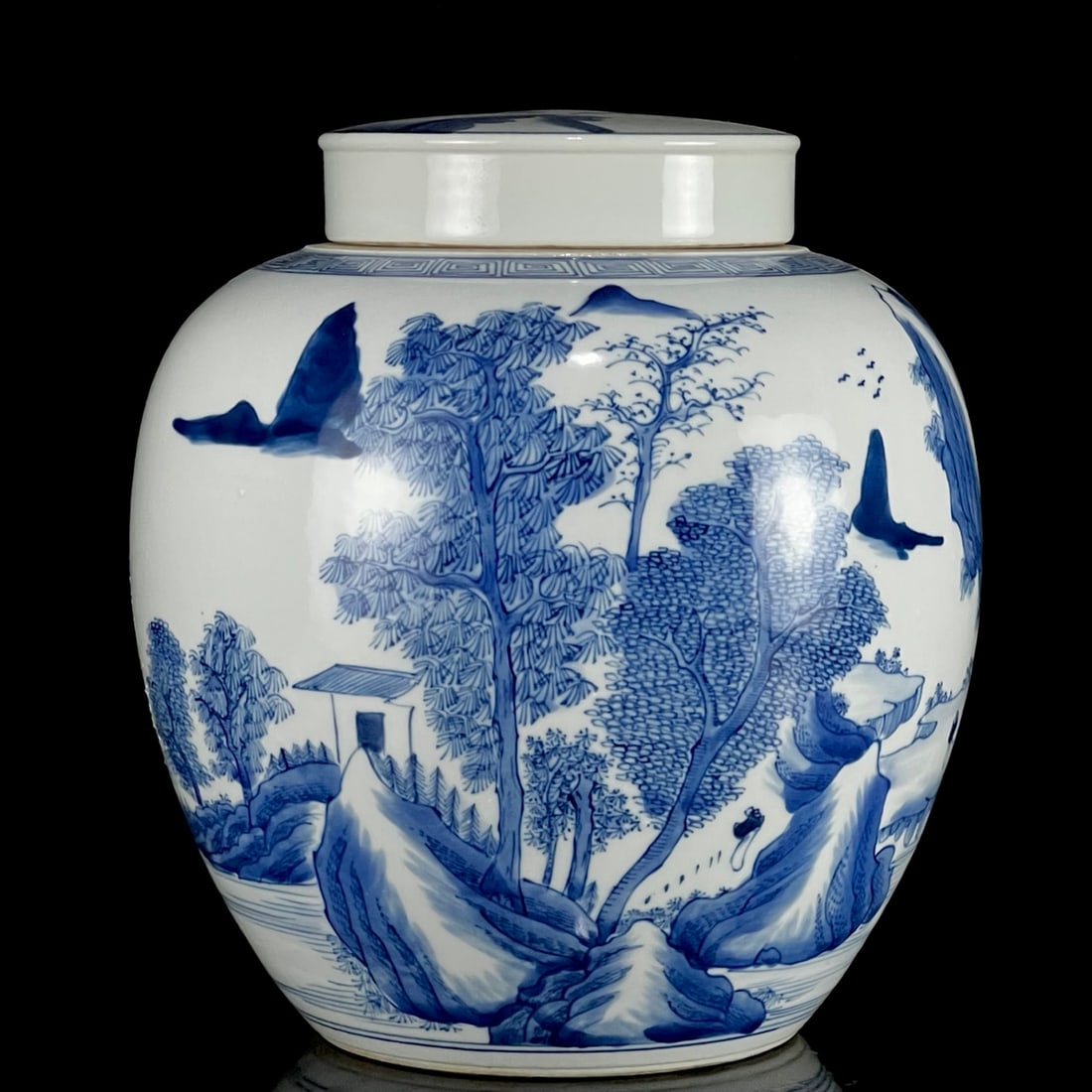 An Exquisite Blue and White Landscape and Figure Pattern Cover Jar: An Exquisite Blue and White Landscape and Figure Pattern Cover Jar,Qing Dynasty, China,Kangxi Six-character Mark,Size:8.3inx7.1in 青花山水人物纹盖಻