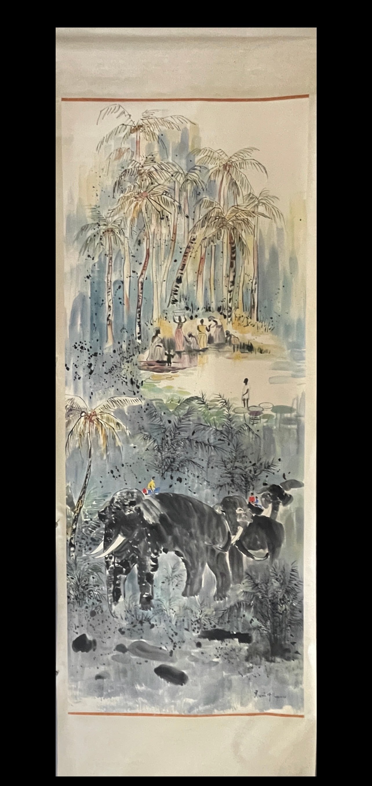 A Chinese Vertical Scroll Ink Painting of Figure and Elephant on Paper,Wu Guanzhong: A Chinese Vertical Scroll Ink Painting of Figure and Elephant on Paper,Wu Guanzhong,Size:55.1inx141.7in 一幅中国水墨人物大象图立