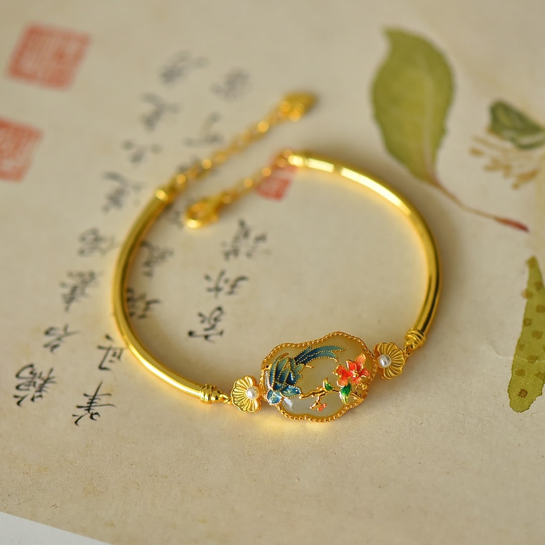 An Exquisite Sterling Silver-Gold Plated Inlaid White Jade Bracelets,Inlaid Pearls (1 of 6)