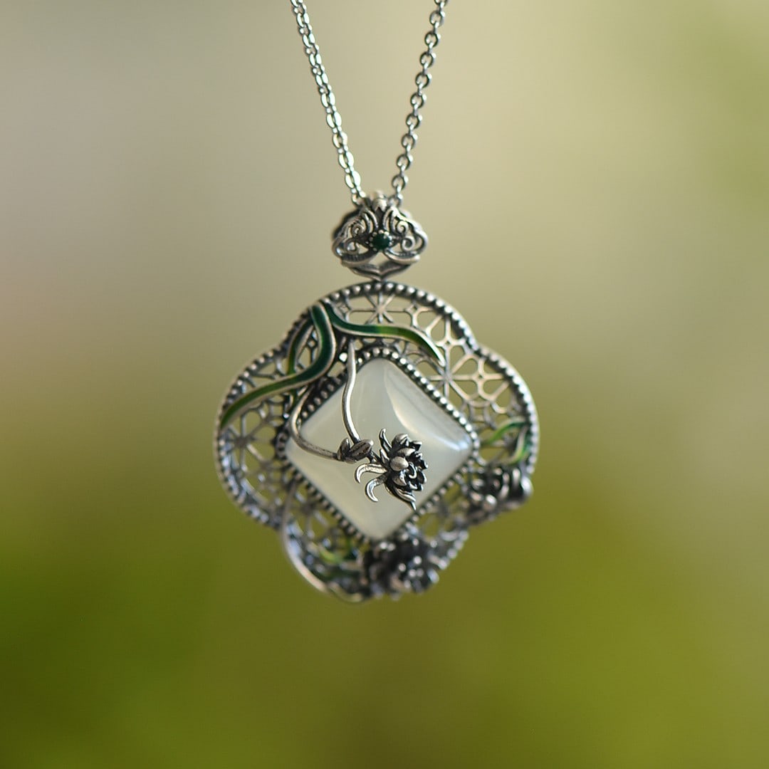 An Exquisite Sterling Silver Inlaid White Jade Pendant (1 of 5)