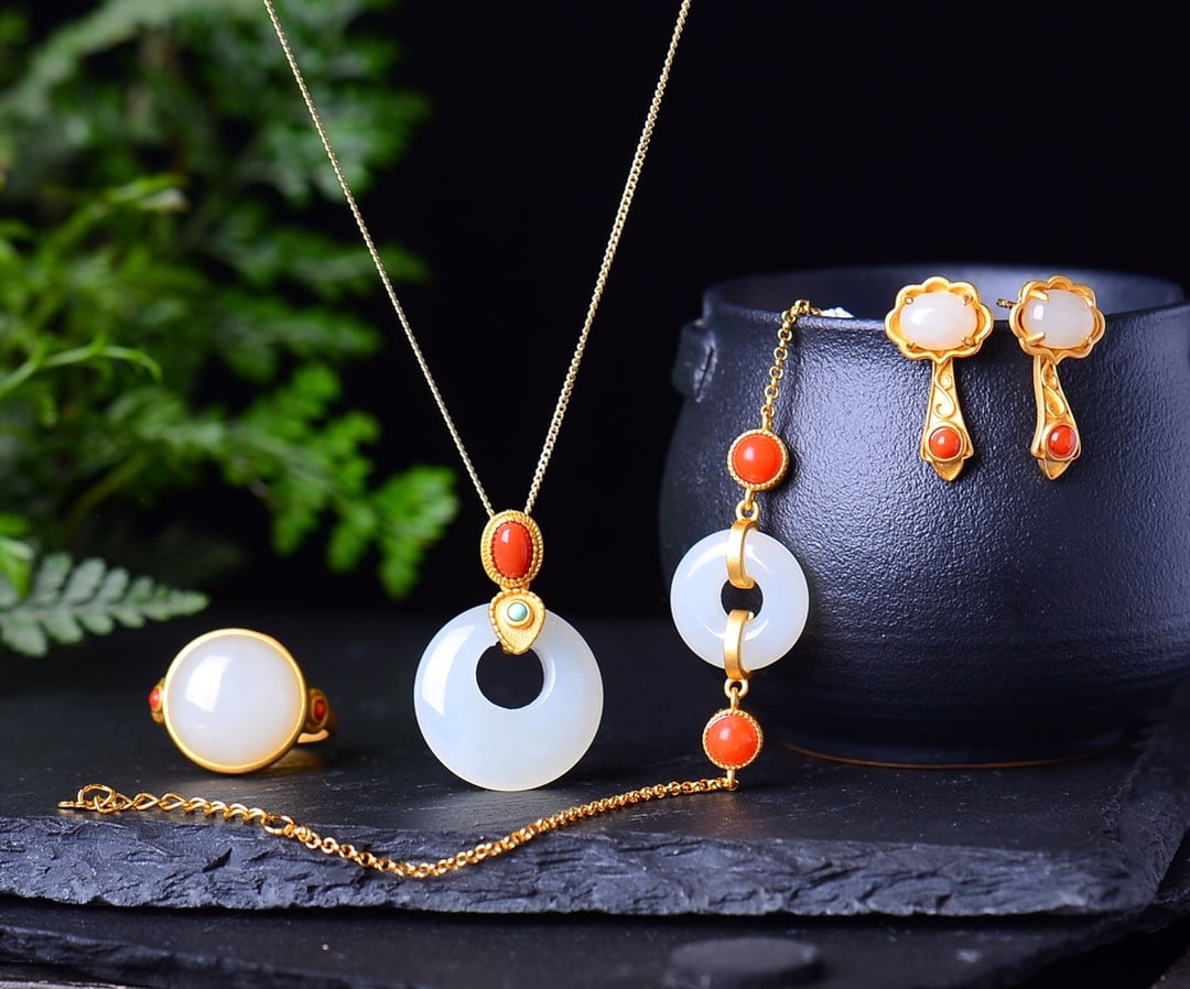 A Set of Fine Sterling Silver-Gold Plated Inlaid White Jade Jewelrys: A Set of Fine Sterling Silver-Gold Plated Inlaid White Jade Jewelrys,Size:(Earrings)6mmx8mm,(Pendant)20mmx20mm,(Ring)14mmx14mm,(Bracelet)15mmx15mm 