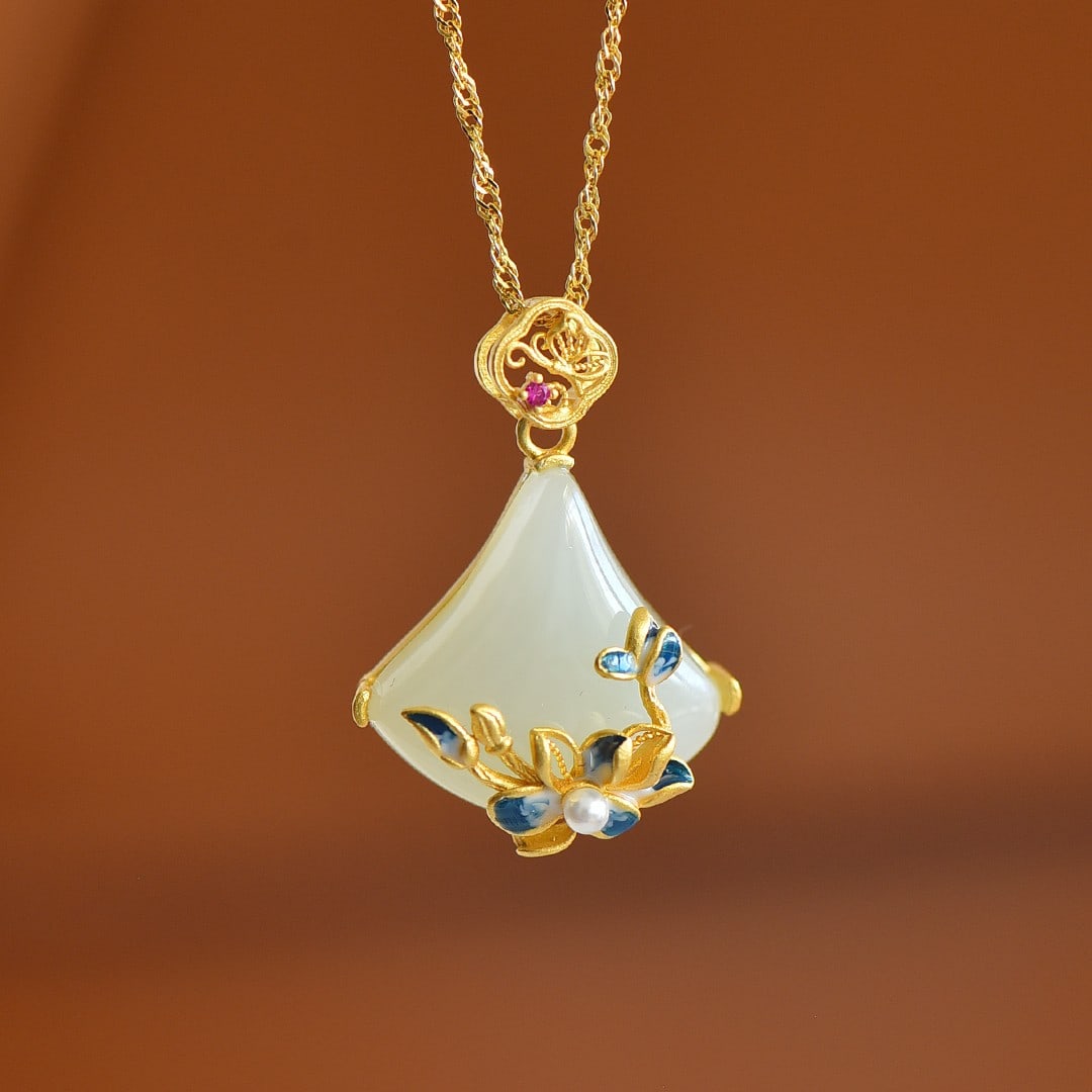 An Exquisite Sterling Silver-Gold Plated Inlaid White Jade Enamel Pendant (1 of 5)