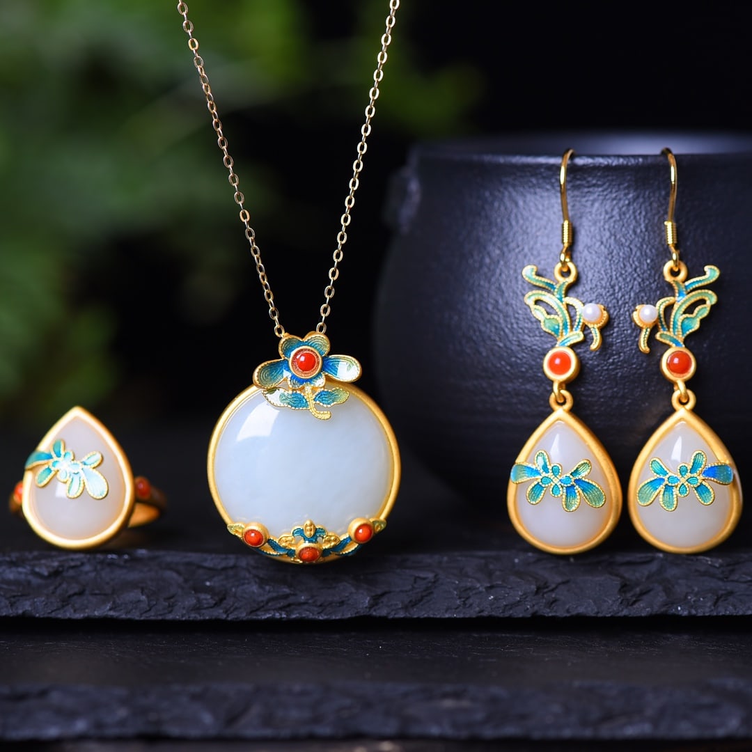 A Set of Fine Sterling Silver-Gold Plated Inlaid White Jade Jewelrys: A Set of Fine Sterling Silver-Gold Plated Inlaid White Jade Jewelrys,Size:(Pendant)22mmx22mm,(Ring)12mmx16mm,(Earrings)12mmx16mm 