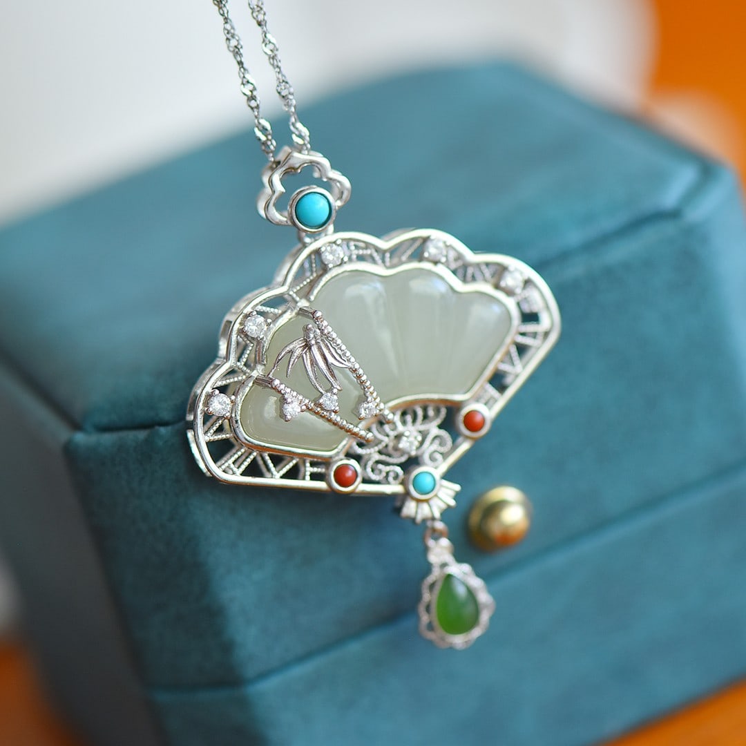 An Exquisite Sterling Silver Inlaid White Jade Pendant , Inlaid Jasper and Turquoise: Sterling Silver Inlaid White Jade Pendant , Inlaid Jasper and Turquoise , Size :15mmx28mm 