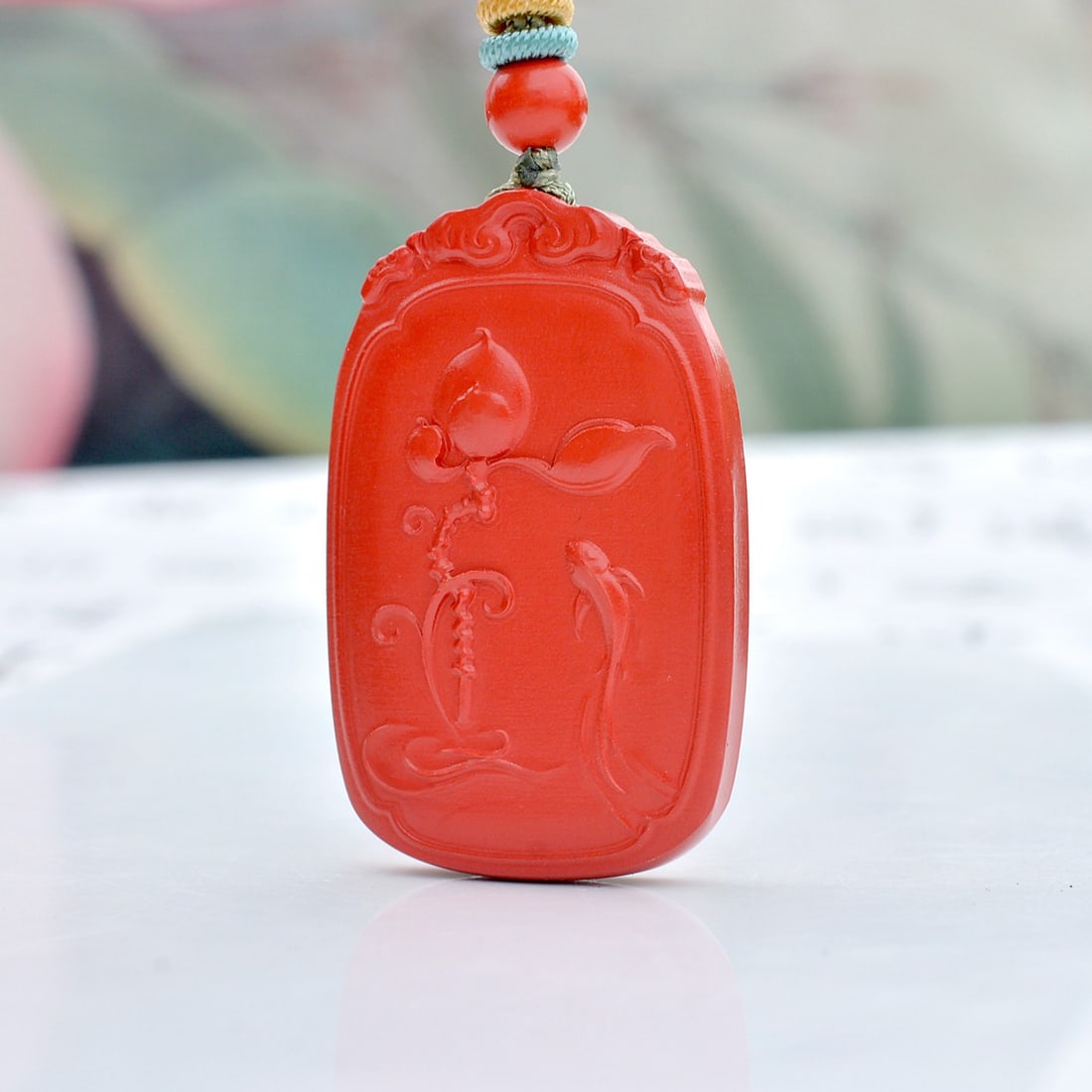 An Exquisite Cinnabar Fu-Character Lotus and Fish Pattern Pendant: An Exquisite Cinnabar Fu-Character Lotus and Fish Pattern Pendant,Size:25mmx39mm (寓意)吉祥招财喜庆、驱邪避凶、ê