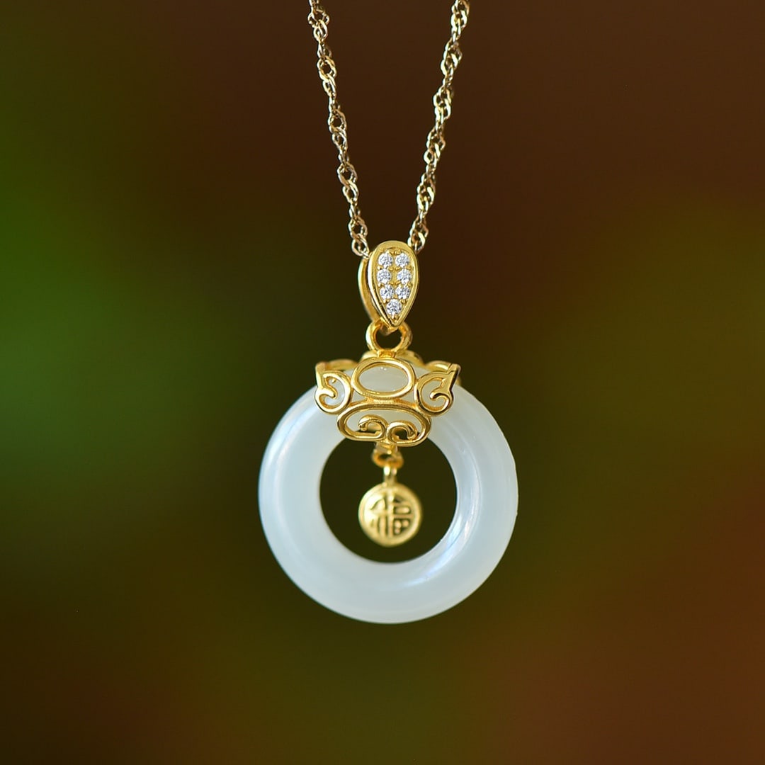 An Exquisite Sterling Silver-Gold Plated Inlaid White Jade Pendant (1 of 5)
