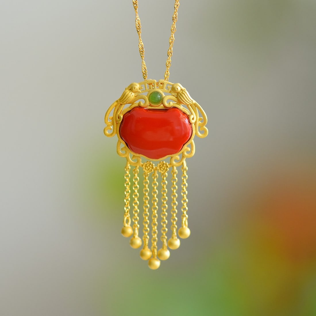 An Exquisite Sterling Silver-Gold Plated Inlaid Cinnabar Pendant (1 of 5)