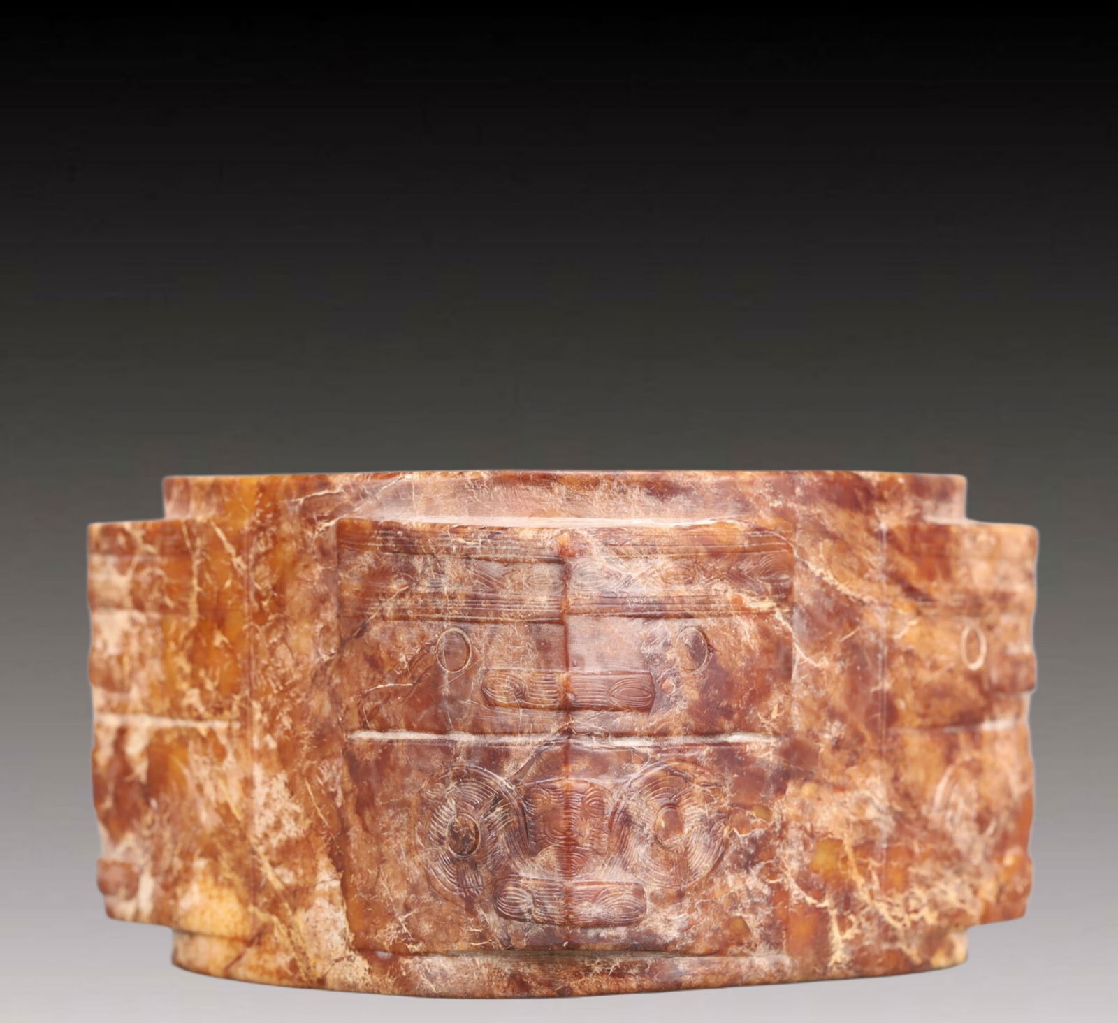 An Archaic Hongshan Culture Yellow Jade Beast-Face Pattern Jade cong (1 of 8)