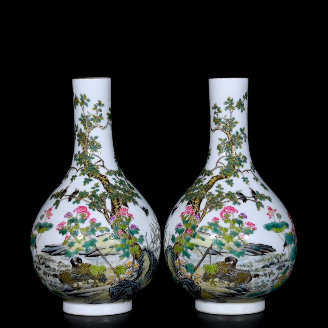 A Pair of Exquisite Enamel Flower and Bird Pattern Vases,With Poem: A Pair of Exquisite Enamel Flower and Bird Pattern Vases,With Poem,Qing Dynasty, China,Yongzheng Four-character Mark,Size:10.2inx5.9in 一对珐琅彩花鸟纹&
