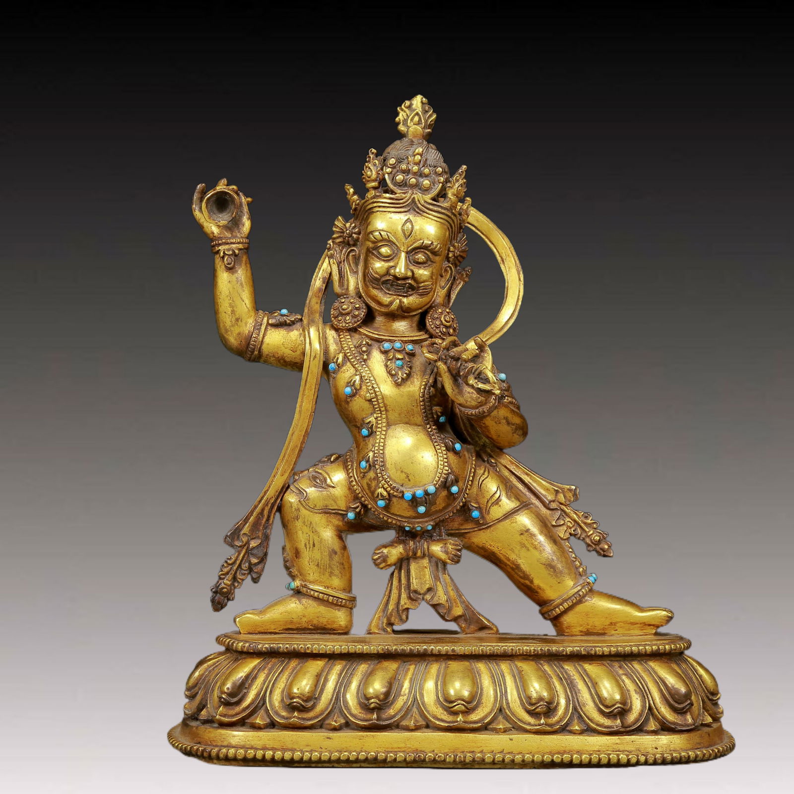 A Solemn Gilt Bronze Inlaid Turquoise Statue of Vajra: A Solemn Gilt Bronze Inlaid Turquoise Statue of Vajra,Ming Dynasty, China,Size:9.1inx4.3inx10.2in,Weight:3745g 