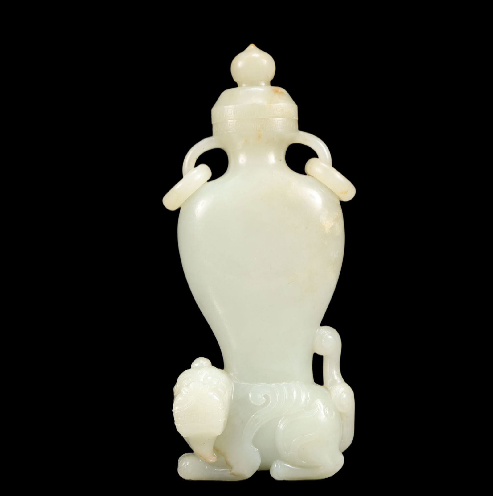 An Exquisite Sapphire Auspicious Beast Double-Ears Vase: An Exquisite Sapphire Auspicious Beast Double-Ears Vase, Qing Dynasty, China, Size:2.6inx1.2inx6.3in, Weight:462g