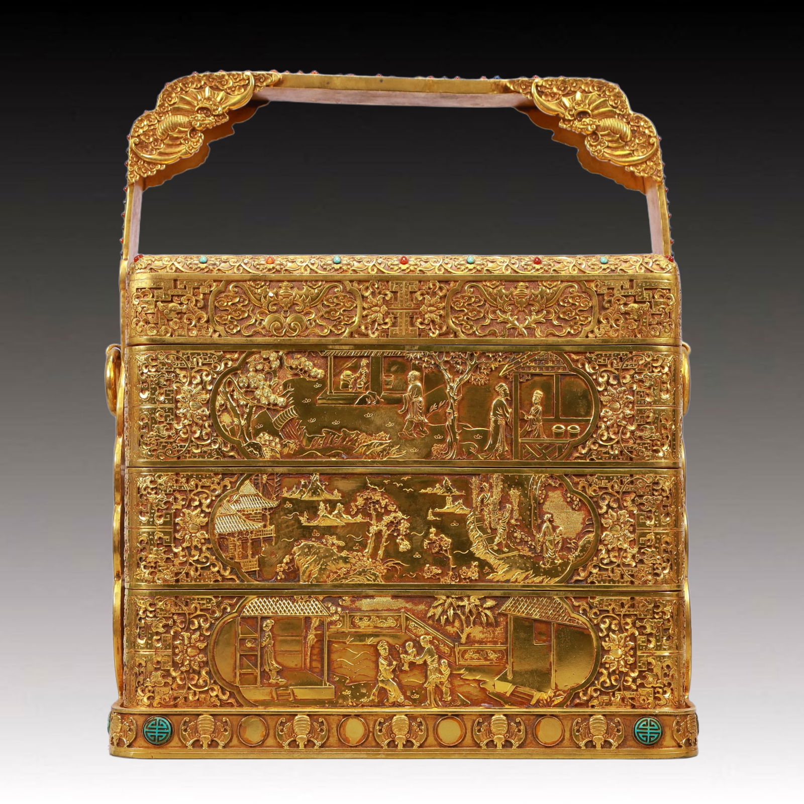 A Rare Gilt Bronze Figure Pattern Box,Inlaid Turquoise: A Rare Gilt Bronze Figure Pattern Box,Inlaid Turquoise,Qing Dynasty, China,Qianlong Four-character Mark,Size:11.4inx8.3inx14.6in,Weight:13350g 铜鎏金人物纹提&