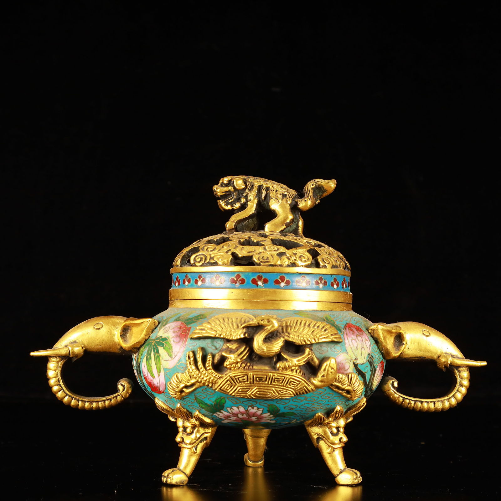An Exquisite Cloisonne Flower and Crane Pattern Elephant-Ears Beast-Legs Censer: An Exquisite Cloisonne Flower and Crane Pattern Elephant-Ears Beast-Legs Censer,(A type of enamelware with metal wires separating colored glaze, originating in China),Ming Dynasty,China,Xuande