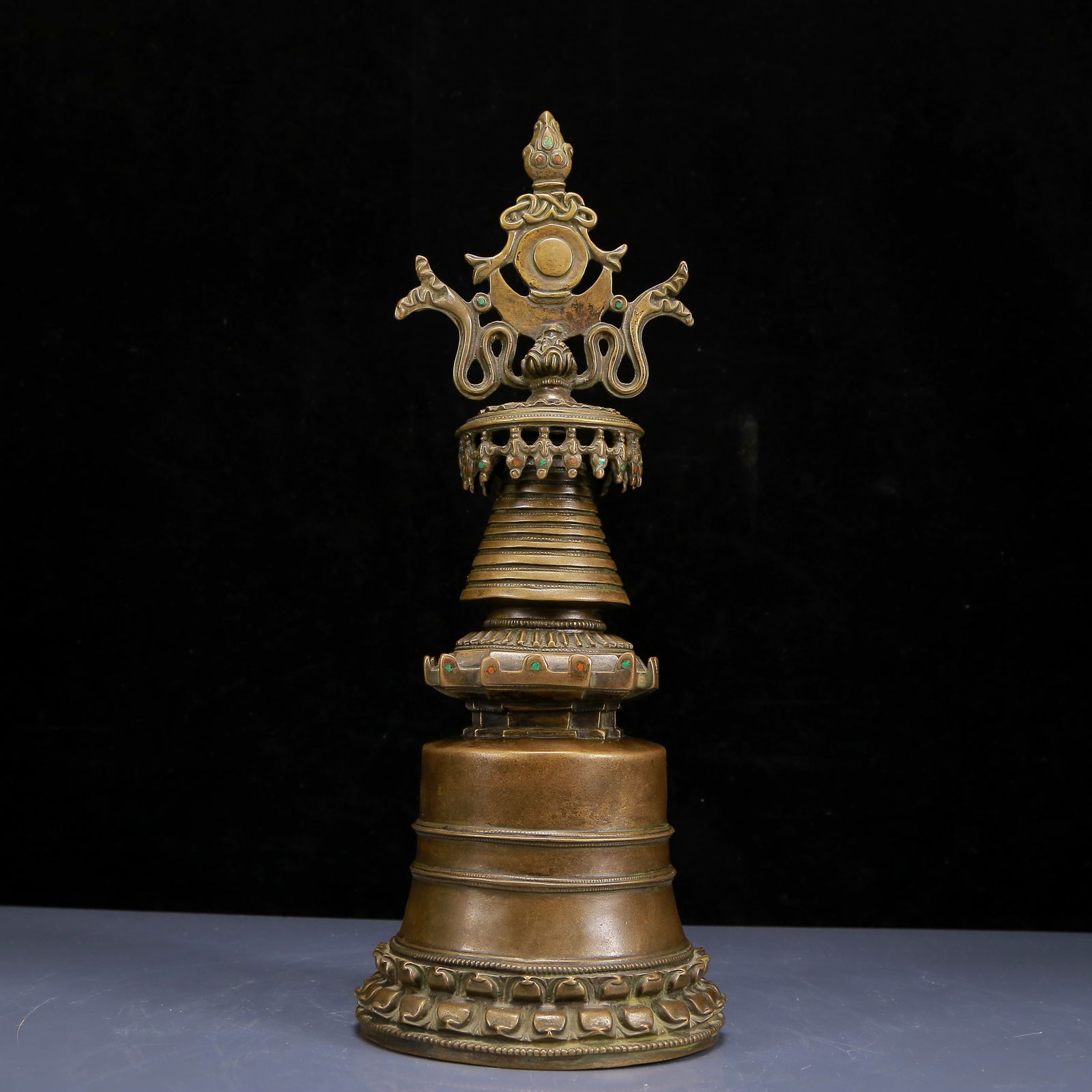 A Rare Bronze Inlaid Turquoise Pagoda: A Rare Bronze Inlaid Turquoise Pagoda,Qing Dynasty, China,Size:5.5inx14.6in,Weight:2105g 铜嵌绿松石佛塔，清代