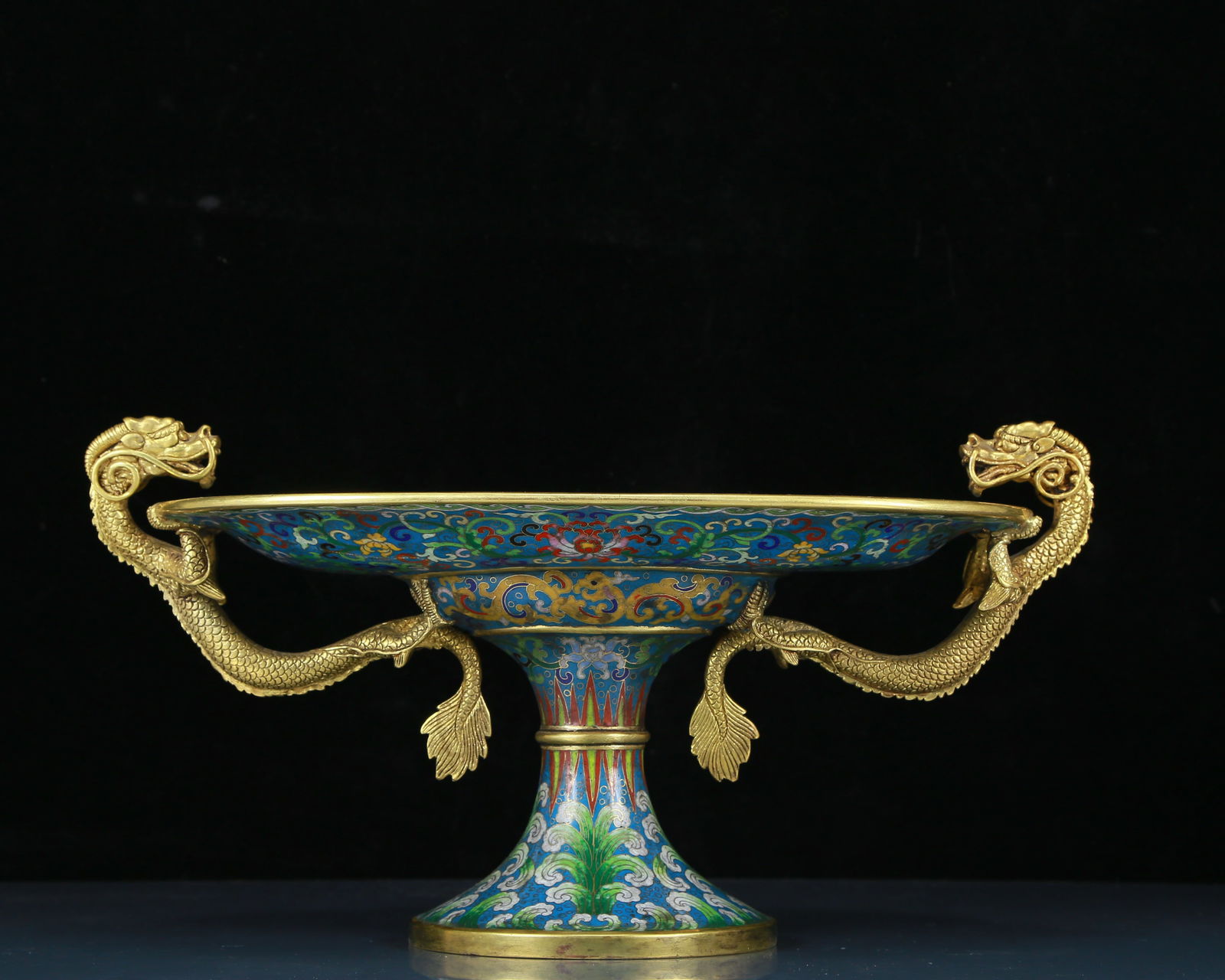 A Huge Cloisonne Lotus Pattern Dragon-Ears Plate: A Huge Cloisonne Lotus Pattern Dragon-Ears Plate，Qing Dynasty, China，Qianlong Four-character Mark，Size:16.1inx8.3inx8.5in，Weight:6.40kg 景泰蓝缠