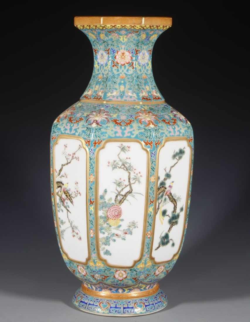 A Huge Enamel Turquoise Ground Painted Gold Flower and Bird Pattern Vase: A Huge Enamel Turquoise Ground Painted Gold Flower and Bird Pattern Vase, Qing Dynasty, China,Qianlong Four-character Mark,Size:18.1inx5.9inx6.1in 珐琅彩松石绿ß