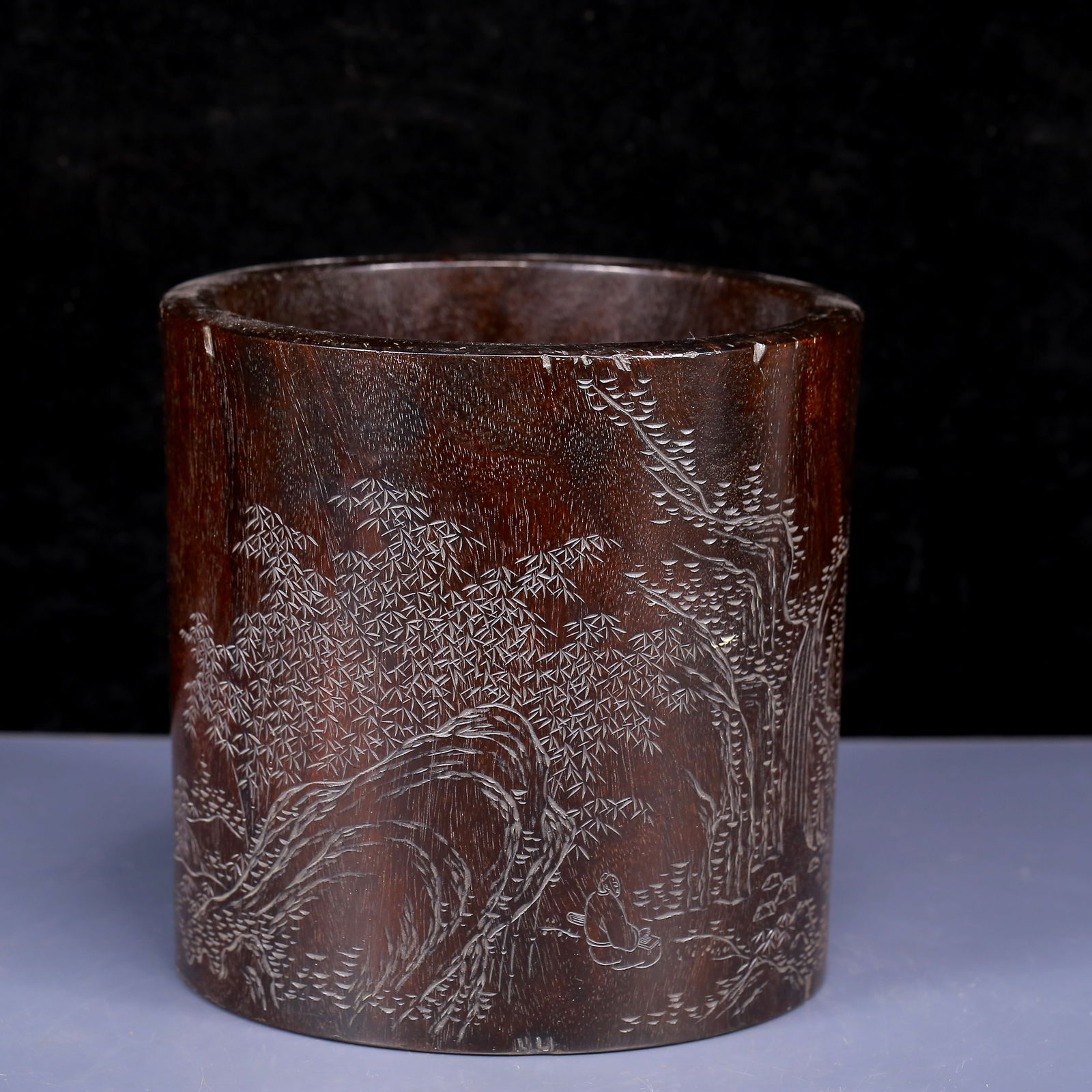 An Exquisite Zitanwood Bamboo and Figure Pattern Brush Pot, with poem: An Exquisite Zitanwood Bamboo and Figure Pattern Brush Pot, with poem,Qing Dynasty, China,Size:7.1inx6.9in,Weight:1690g 