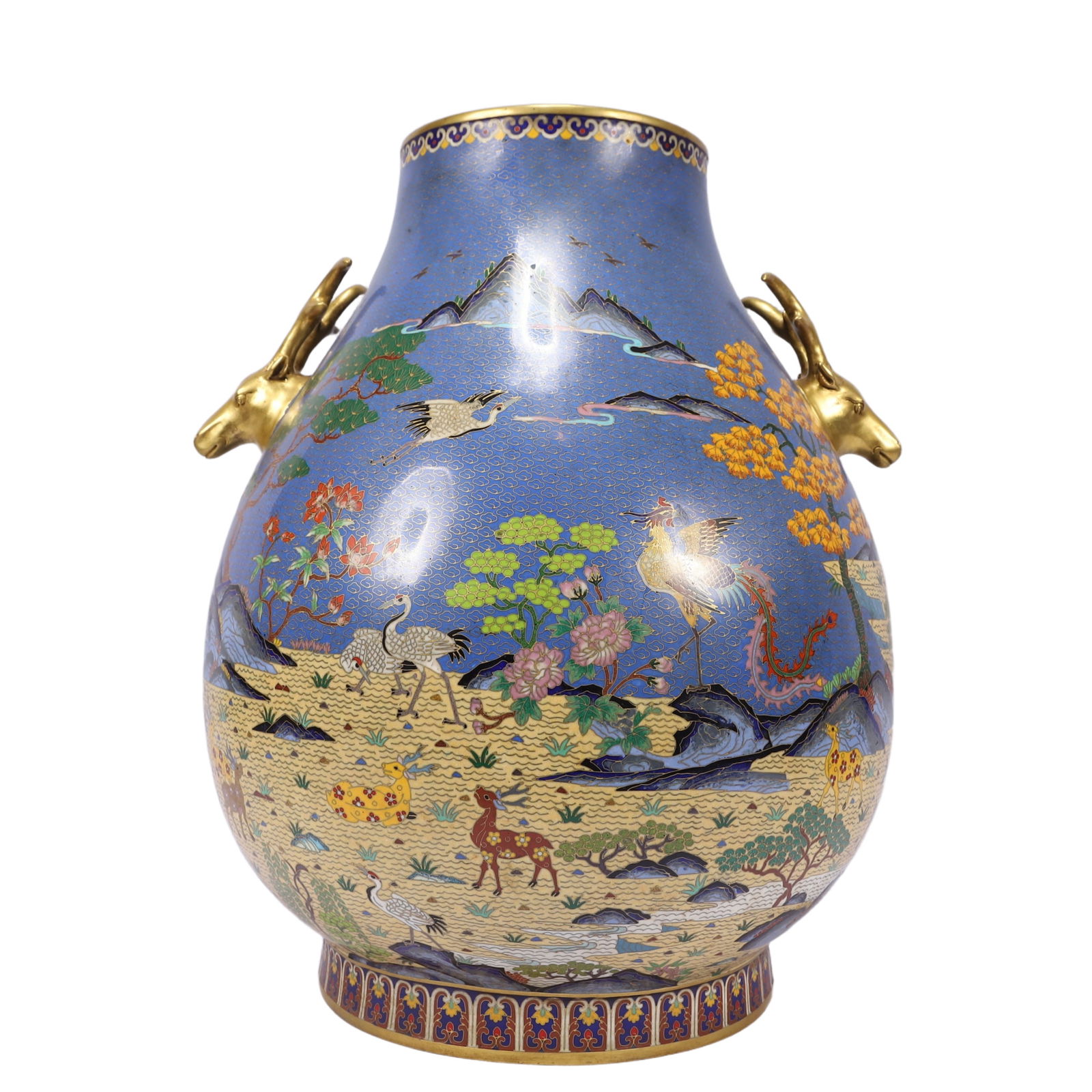 A Huge Cloisonne Landscape and Animal Pattern Deer Ears Vase: A Huge Cloisonne Landscape and Animal Pattern Deer Ears Vase,Qing Dynasty, China,Qianlong Four-character Mark,Size:15.7inx18.9in,Weight:18300g 