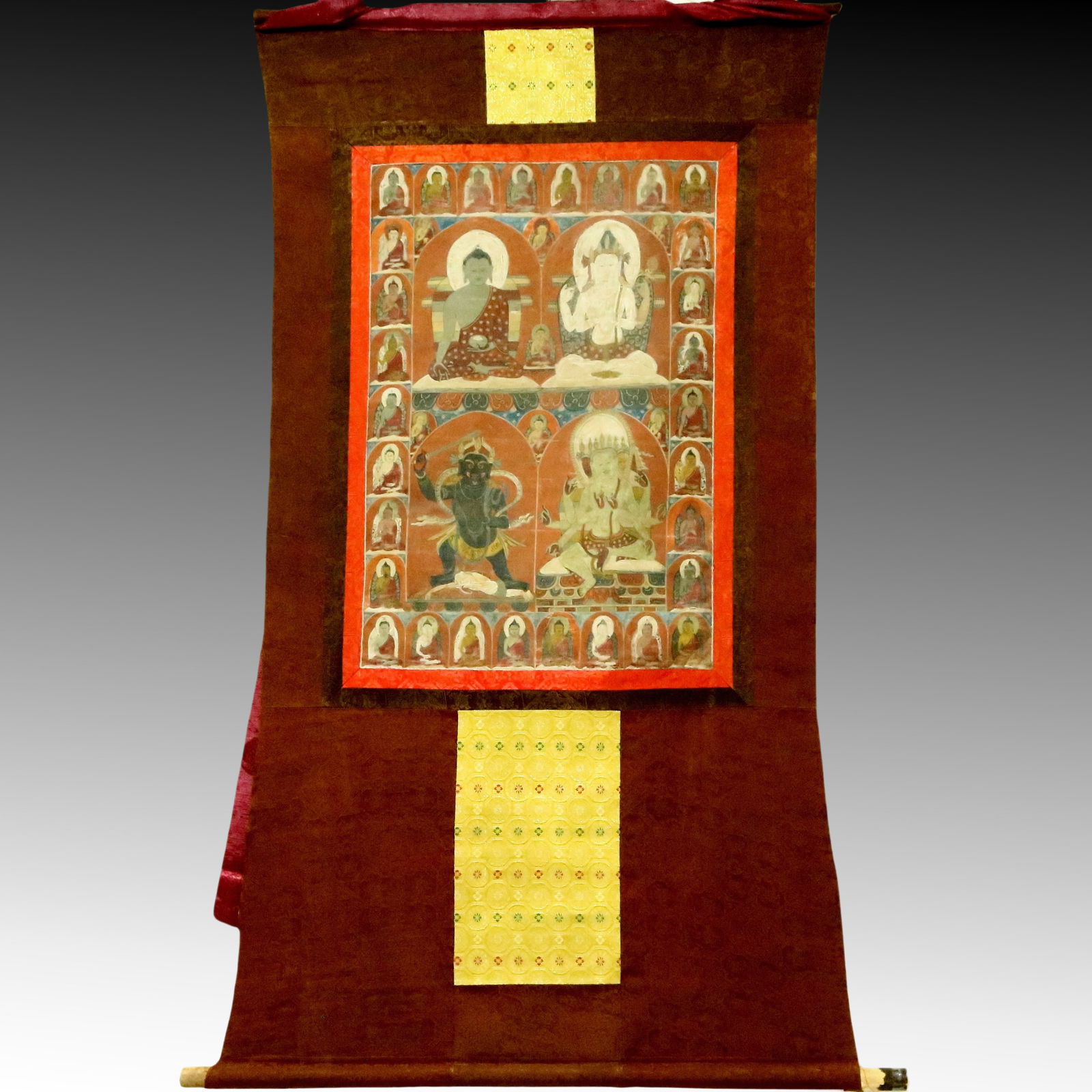 An Exquisite Brocade Painted Color Statue of Sakyamuni Tangka: An Exquisite Brocade Painted Color Statue of Sakyamuni Tangka,Qing Dynasty, China,Size:32.3inx55.1in 