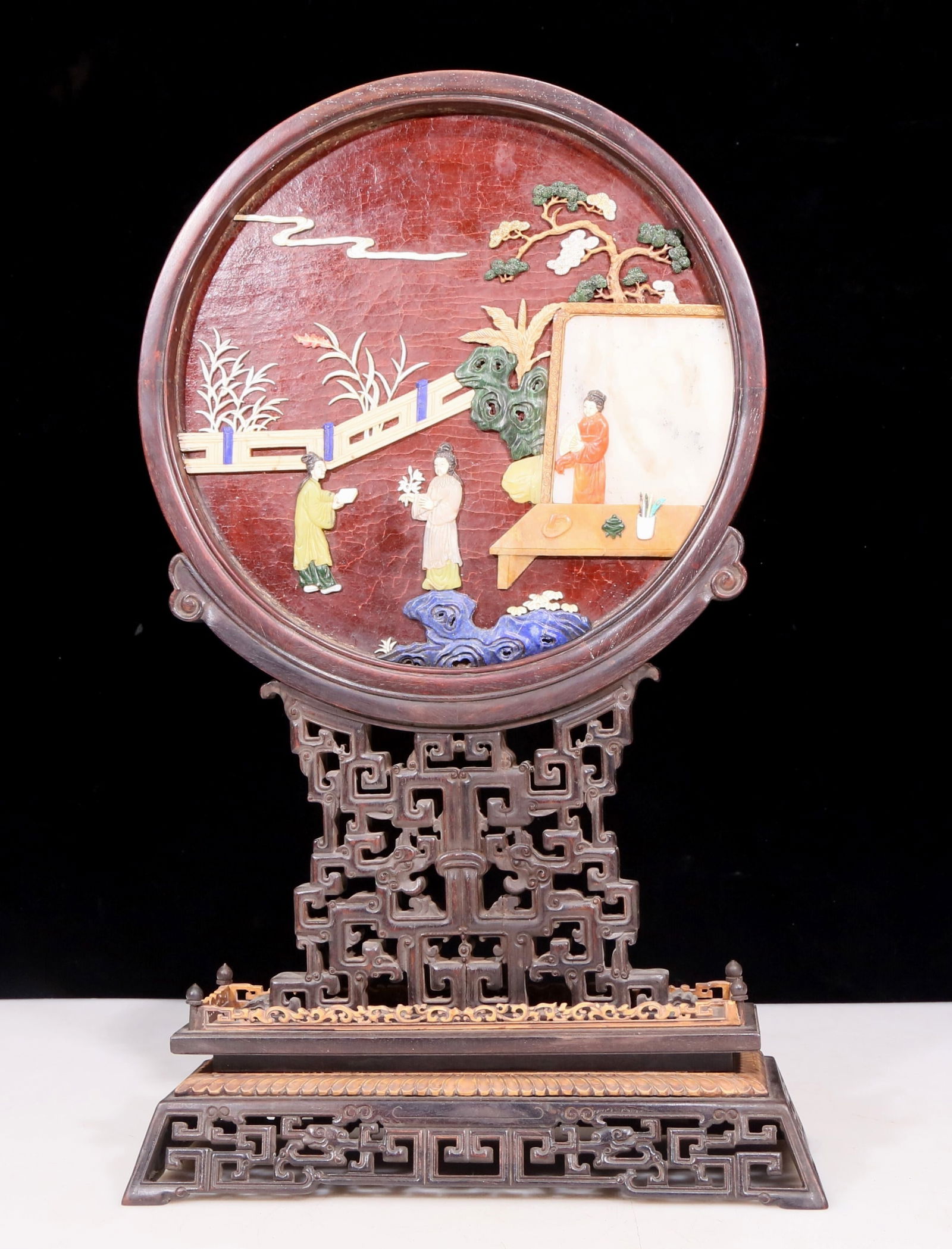 An exquisite zitanwood lacquered, gold-embedded landscape pattern table screen (1 of 9)