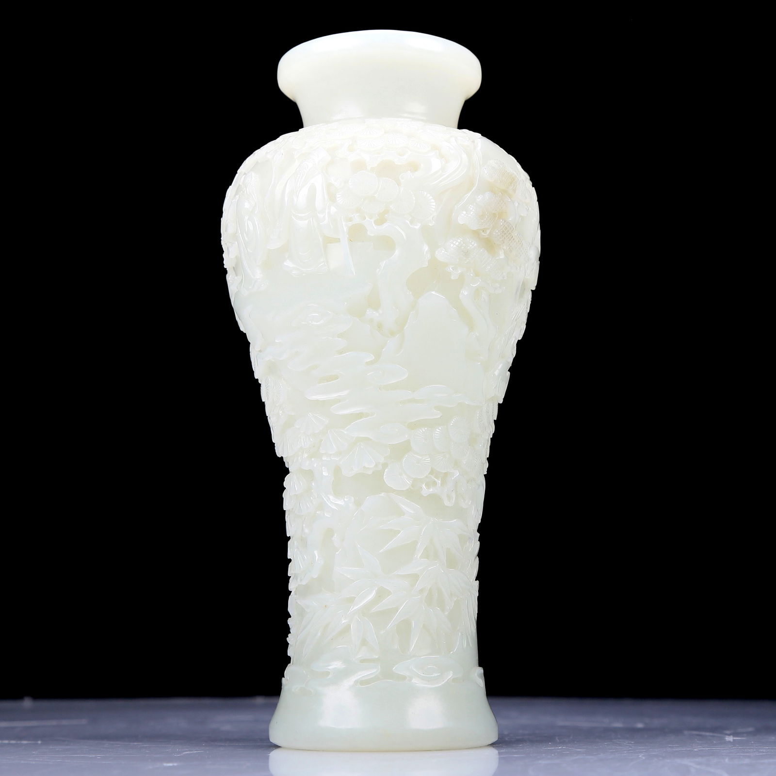 A Precious White Jade 'Pine& Crane' Vase: A Precious White Jade 'Pine& Crane' Vase. Carved with an everted top, body with cranes with detailed, fine feather incisions. Chinese Qing Dynasty. Size:3.1inx6.7in. Weight:515g 清代