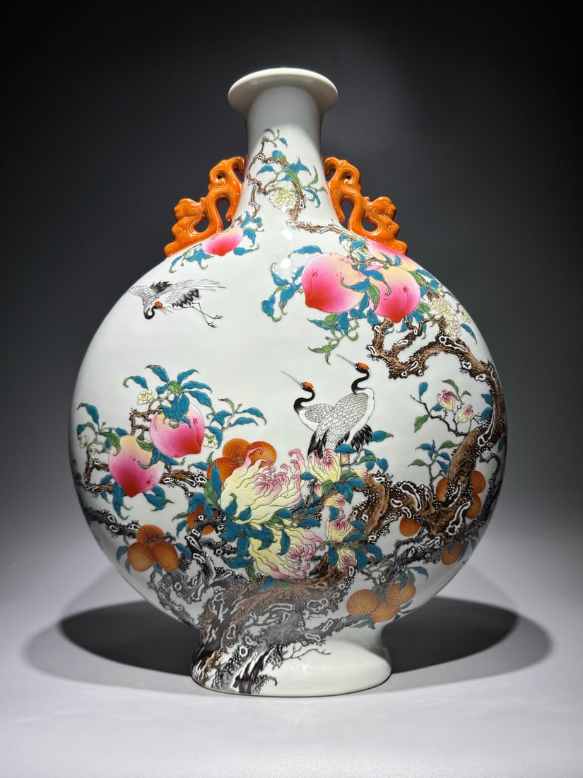 A Huge Enamel Crane and Fruit Pattern Dragon-Ears Vase: A Huge Enamel Crane and Fruit Pattern Dragon-Ears Vase,Qing Dynasty,China,Qianlong Six-character Mark,Size:22.8inx17.7in 