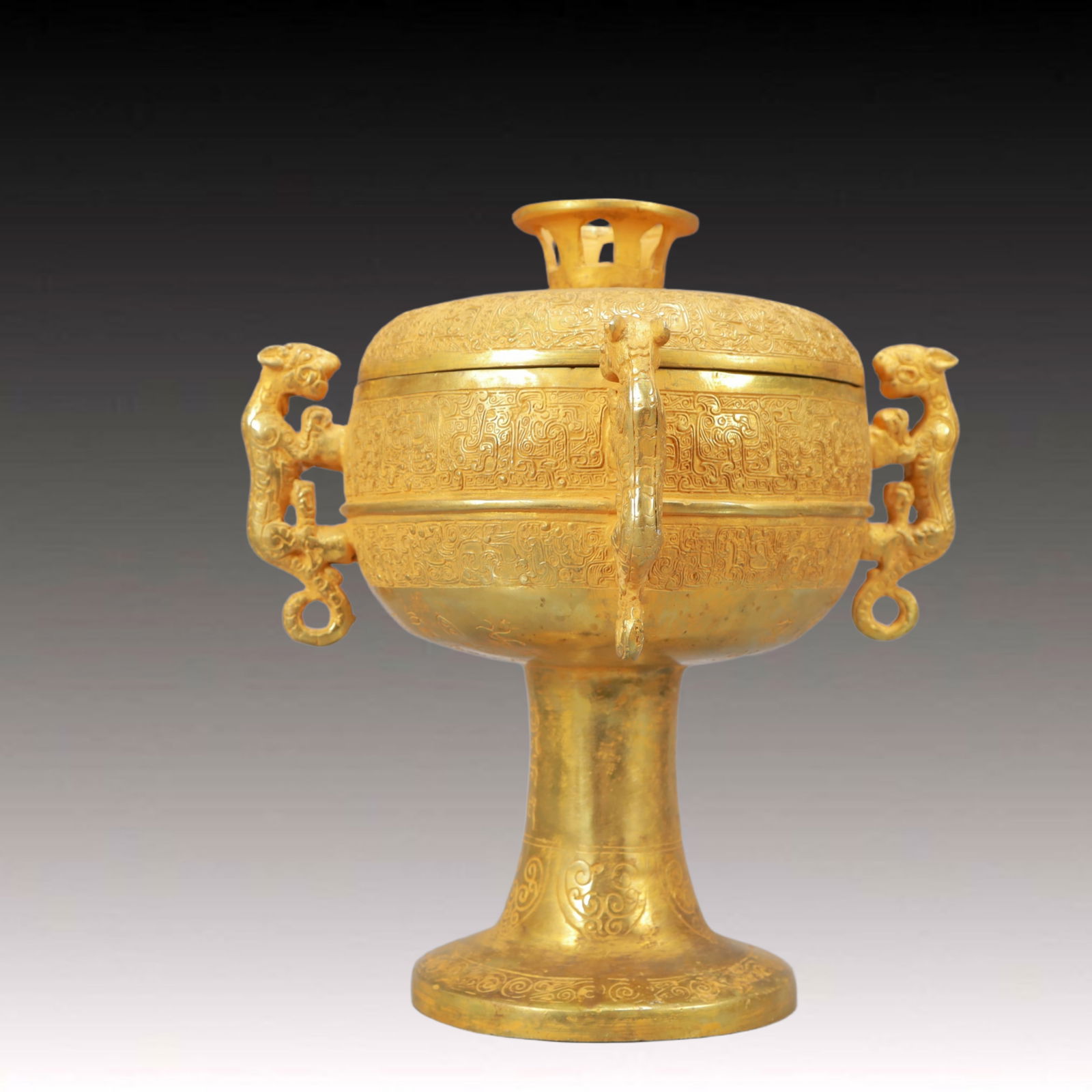 A Rare Gilt Bronze Dragon-Ears Jar,With Inscription: A Rare Gilt Bronze Dragon-Ears Jar,With Inscription,Ancient Time, China,Size:10inx6.7in,Weight:3000g 