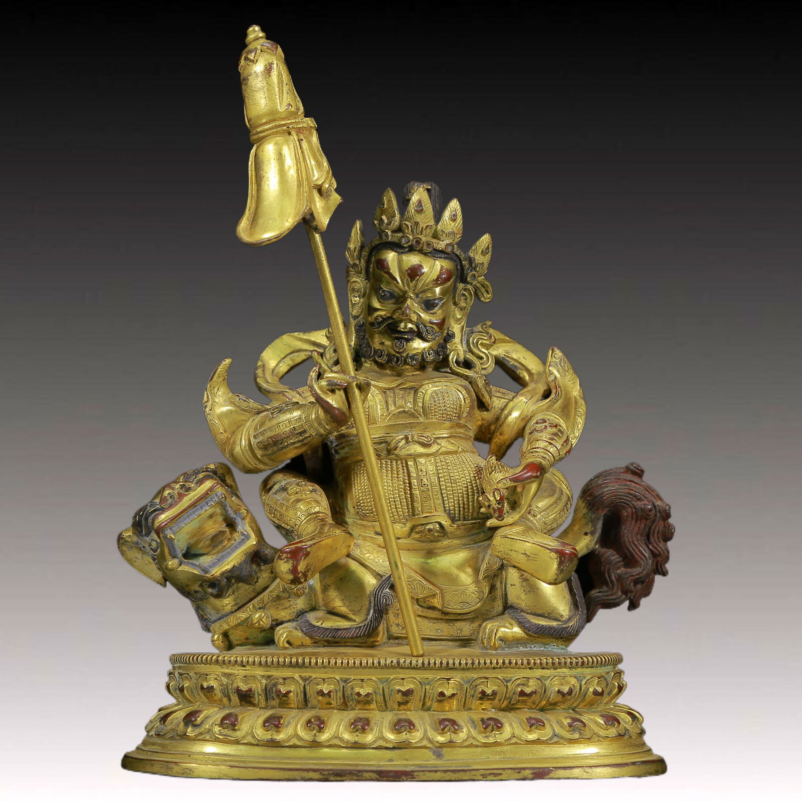 A Solemn Gilt Bronze Statue of Mammon Rides the Lion: A Solemn Gilt Bronze Statue of Mammon Rides the Lion,Ming Dynasty, China,Size: 6.7inx3.5inx9.1in,Weight:1975g 铜鎏金骑狮财神像，明代