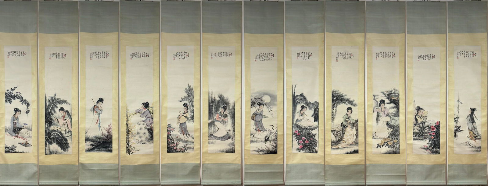 A Set of Chinese Vertical Scroll Ink Painting of Figure on Paper,Bai Bohua: A Set of Chinese Vertical Scroll Ink Painting of Figure on Paper,Bai Bohua,Size:(Without frame)52.4inx13.4in*12 