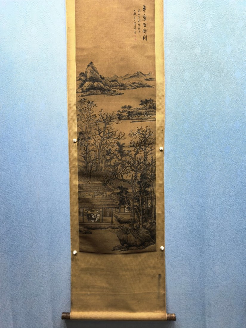 A Chinese Vertical Scroll Ink Painting of Landscape and Figure on Silk,Huang Gongwang: A Chinese Vertical Scroll Ink Painting of Landscape and Figure on Silk,Huang Gongwang,Size:17.4inx57.5in 