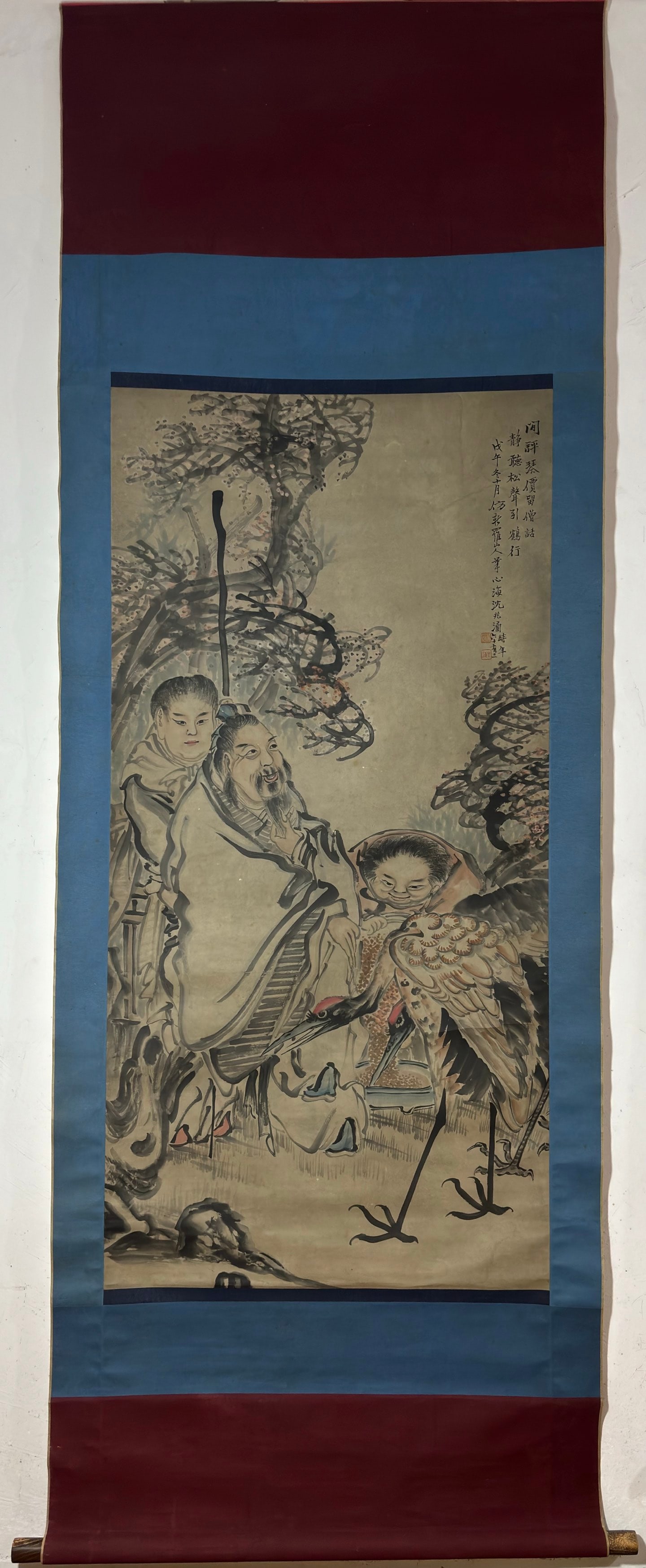A Chinese Vertical Scroll Ink Painting of Figure on Paper,Shen Xinhai: A Chinese Vertical Scroll Ink Painting of Figure on Paper,Shen Xinhai,Size:(Without frame)53.9inx26.6in 
