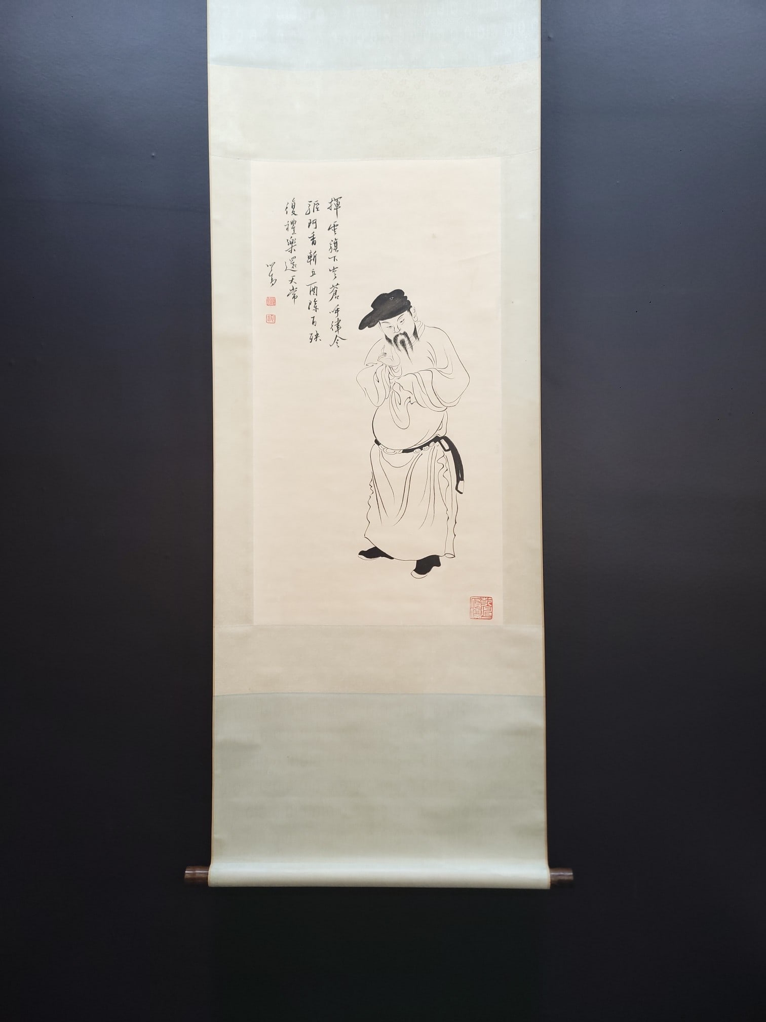 A Chinese Vertical Scroll Ink Painting of Figure on Paper,Fu Ru: A Chinese Vertical Scroll Ink Painting of Figure on Paper,Fu Ru,Size:(Without frame)18.9inx35.2in 