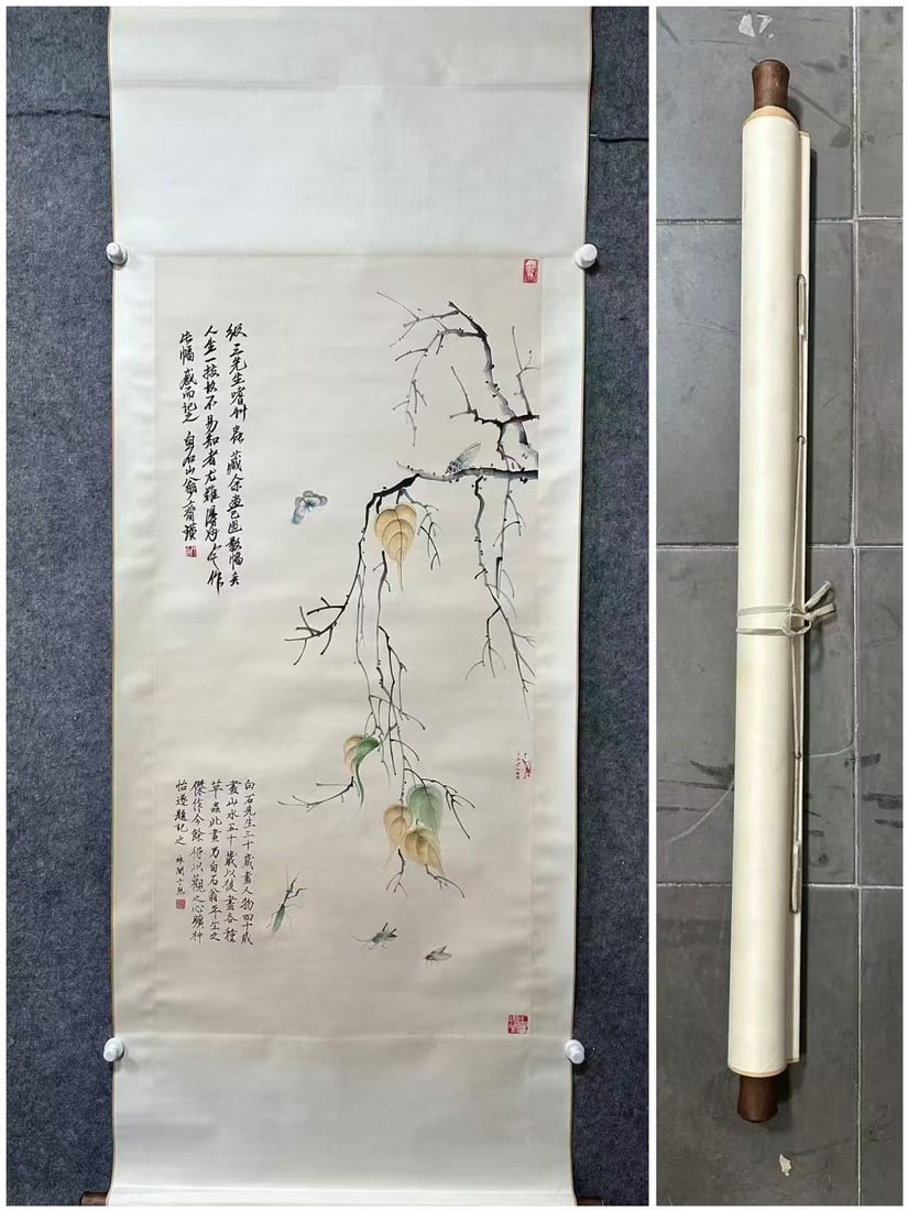 A Chinese Vertical Scroll Ink Painting of Leaf and Insect on Paper,Qi Baishi: A Chinese Vertical Scroll Ink Painting of Leaf and Insect on Paper,Qi Baishi,Size:(Without frame):26.4inx53.5in 