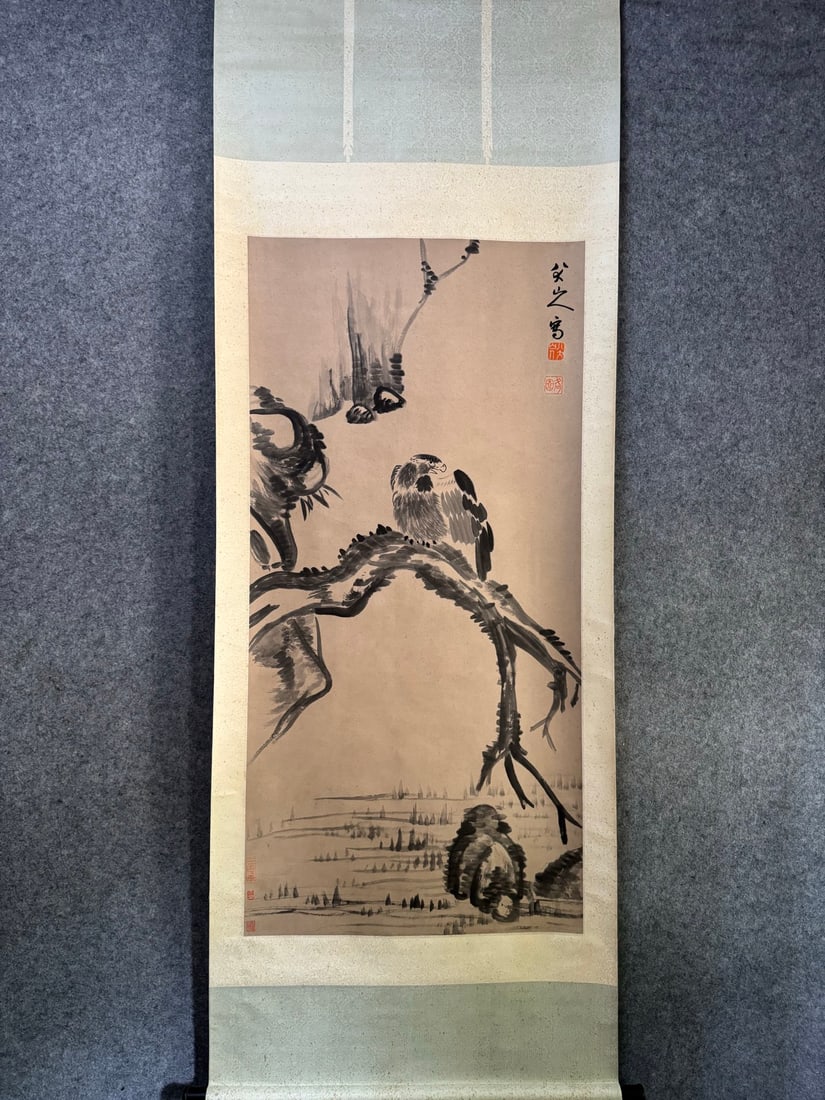 A Chinese Vertical Scroll Ink Painting of Flower and Bird on Paper,Bada Shanren: A Chinese Vertical Scroll Ink Painting of Flower and Bird on Paper,Bada Shanren,Size:(Without frame)26.6inx54.3in 