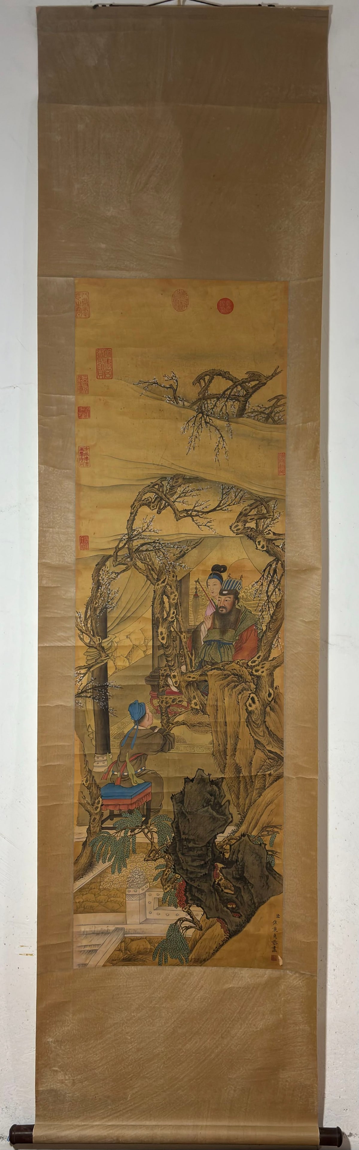 A Chinese Vertical Scroll Ink Painting of Character and Story on Silk,Jiao Bingzhen: A Chinese Vertical Scroll Ink Painting of Character and Story on Silk,Jiao Bingzhen,Size:(Without frame)54.7inx16.9in 