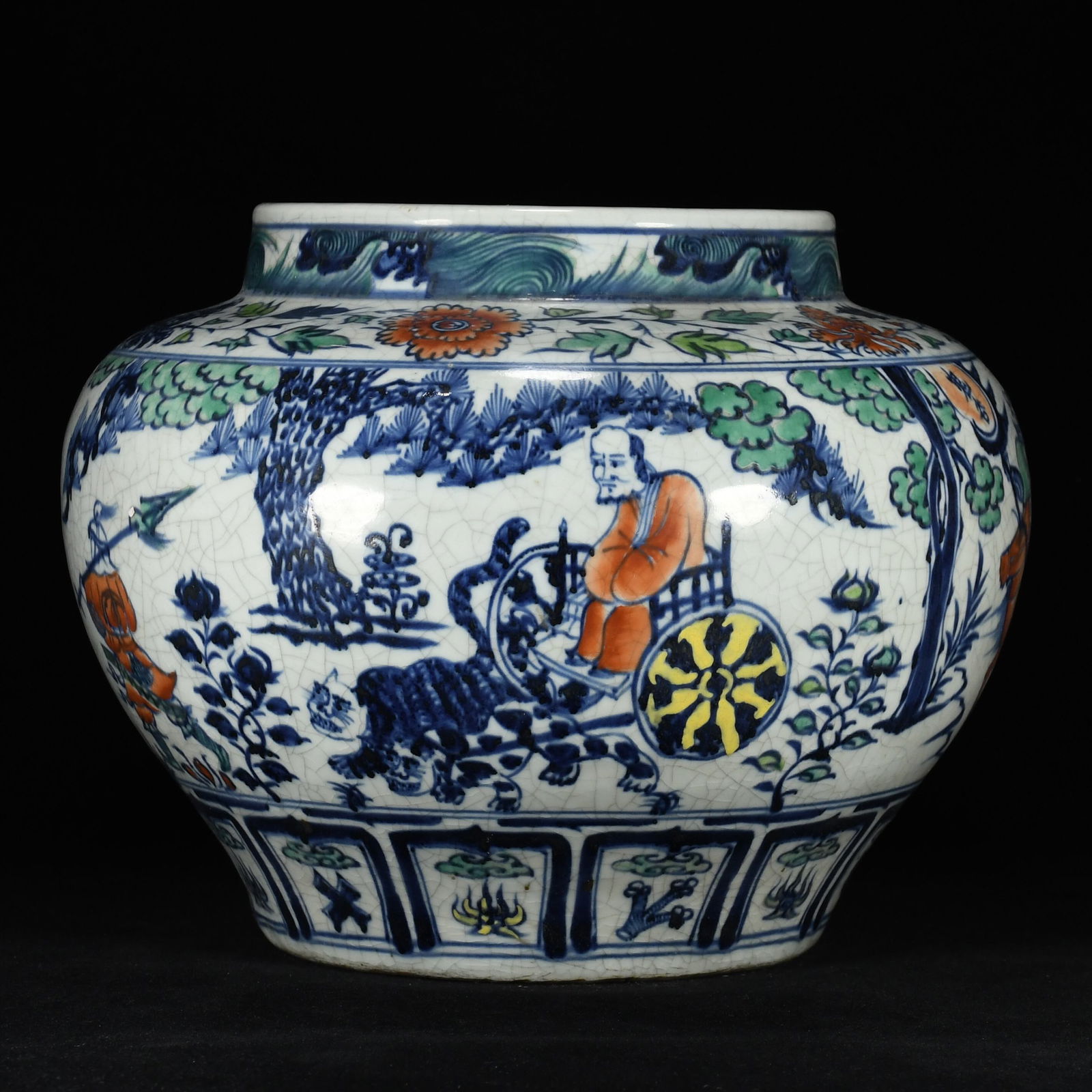 A Rare Gu yao Blue and White Doucai Character and Story Pattern Jar: A Rare Gu yao Blue and White Doucai Character and Story Pattern Jar,Yuan Dynasty, China,Size:10.6inx13.8in 