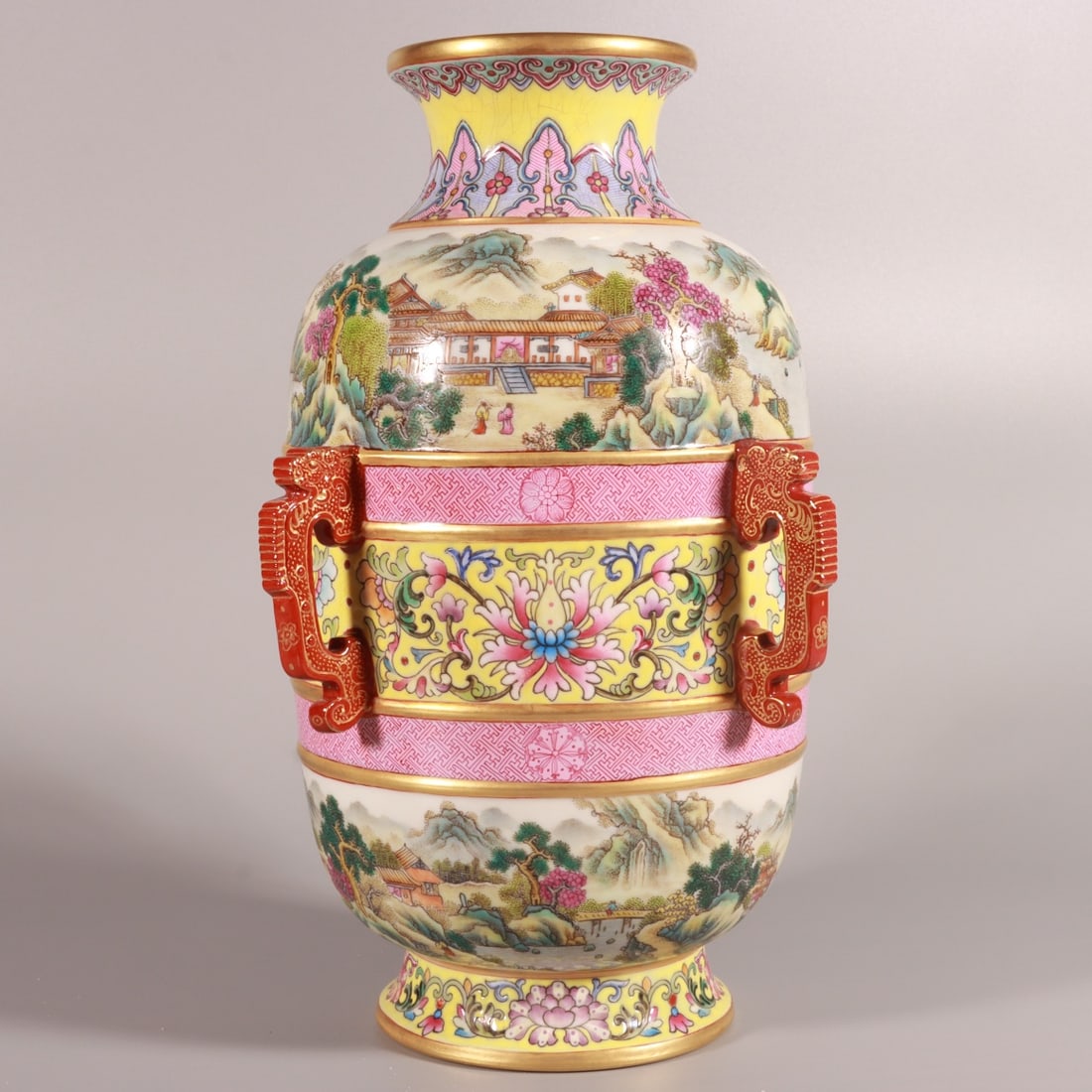 An Exquisite Enamel Yellow Ground Painted Gold Lotus,Landscape and Figure Pattern Vase,With Poem: An Exquisite Enamel Yellow Ground Painted Gold Lotus,Landscape and Figure Pattern Vase,With Poem,Qing Dynasty, China,Qianlong Four-character Mark,Size:10.1inx5.9in 