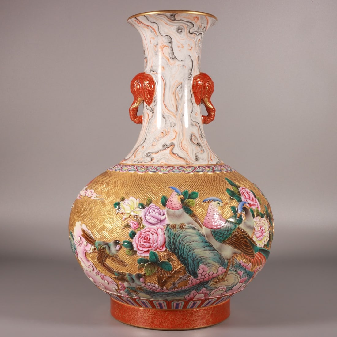 A Rare Enamel Gold Ground Flower and Bird Pattern Elephant-Ears Vase: A Rare Enamel Gold Ground Flower and Bird Pattern Elephant-Ears Vase,Qing Dynasty, China,Qianlong Six-character Mark,Size:12.6inx9.1in 