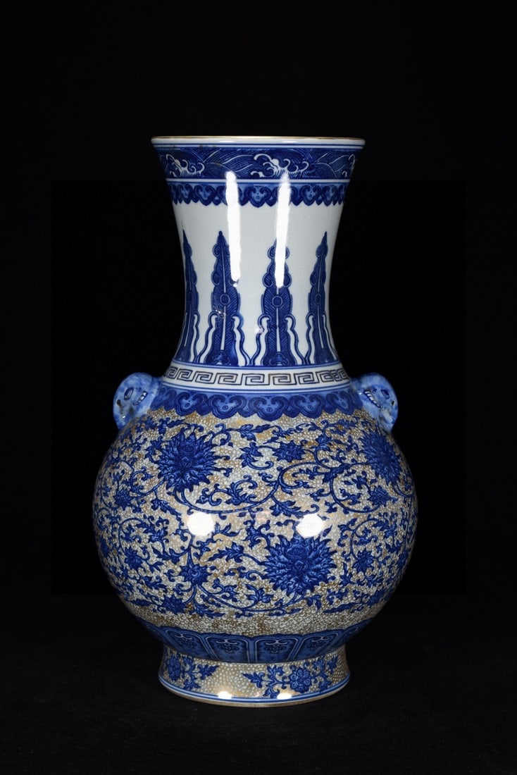 A Rare Blue and White Painted Gold Lotus Pattern Beast-Ears Vase: A Rare Blue and White Painted Gold Lotus Pattern Beast-Ears Vase,Qing Dynasty, China,Qianlong Six-character Mark,Size:15inx9.1in 