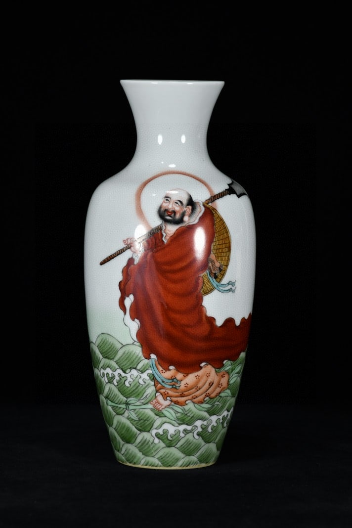 An Exquisite Famille-Rose Seawater and Figure Pattern Vase: An Exquisite Famille-Rose Seawater and Figure Pattern Vase,Qing Dynasty, China,Qianlong Six-character Mark,Size:9.8inx4.3in 