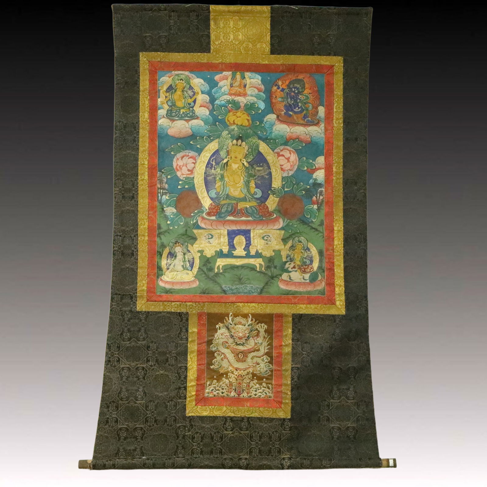 A Rare Brocade Painted Color Statue of Manjusri Tangka: A Rare Brocade Painted Color Statue of Manjusri Tangka,Qing Dynasty, China,Size:36.6inx59.8in 