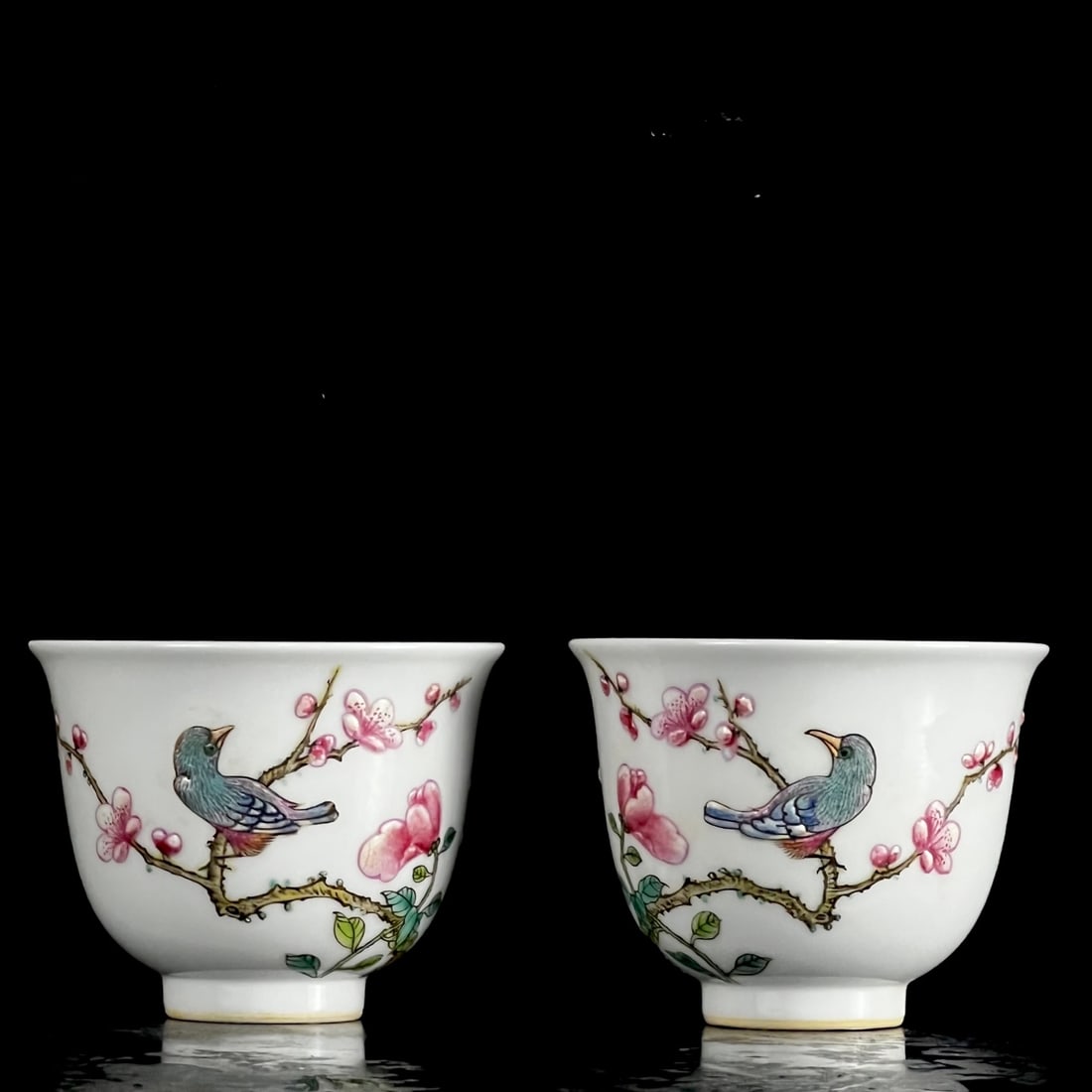 A Pair of Exquisite Famille-Rose Flower and Bird Pattern Cups,With Poem: A Pair of Exquisite Famille-Rose Flower and Bird Pattern Cups,With Poem,Qing Dynasty, China,Yongzheng Six-character Mark,Size:2.7inx3.3in 