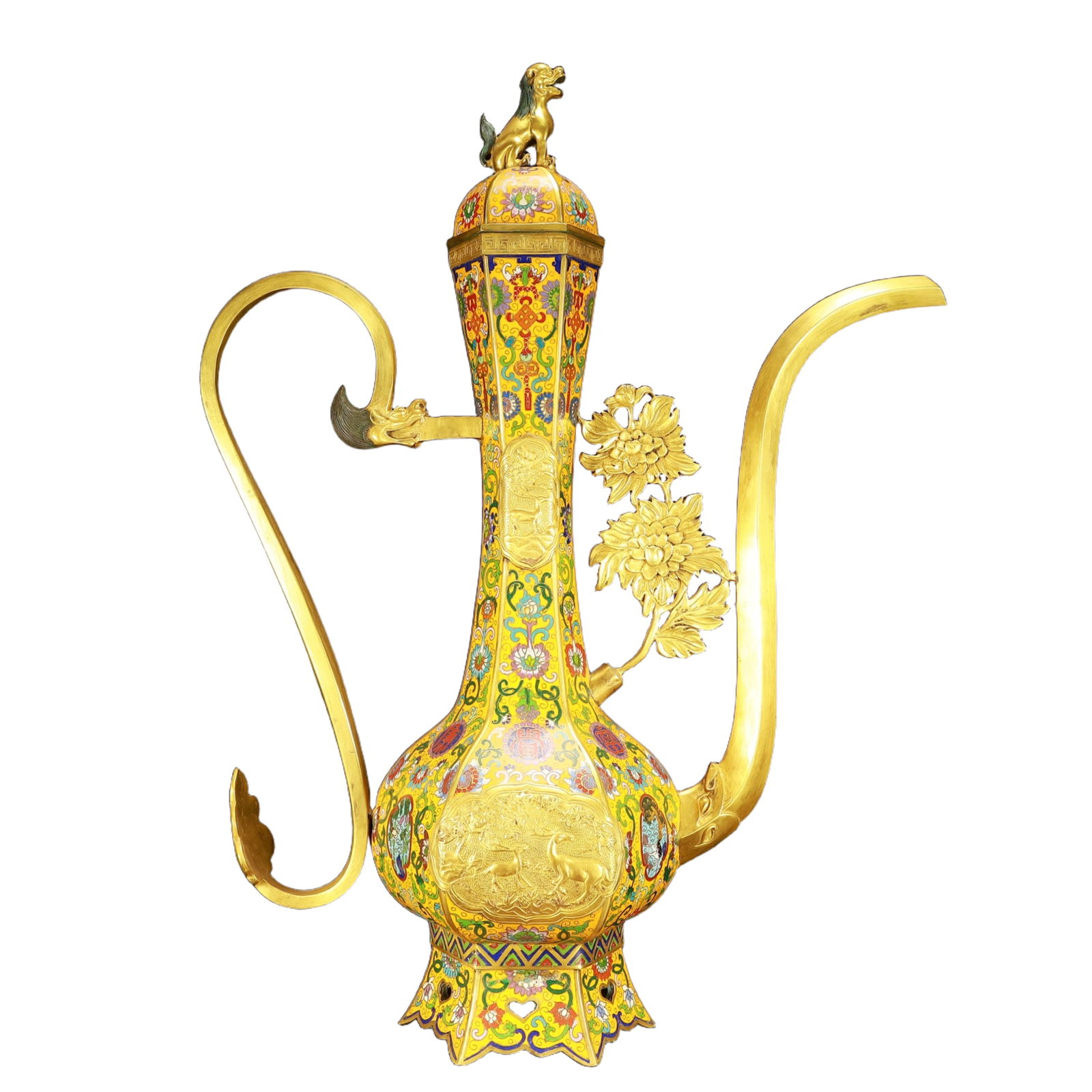 A Huge Cloisonne Lotus Deer Pattern Ewer: A Huge Cloisonne Lotus Deer Pattern Ewer,(A type of enamelware with metal wires separating colored glaze, originating in China),Qing Dynasty,China,Qianlong Six-character