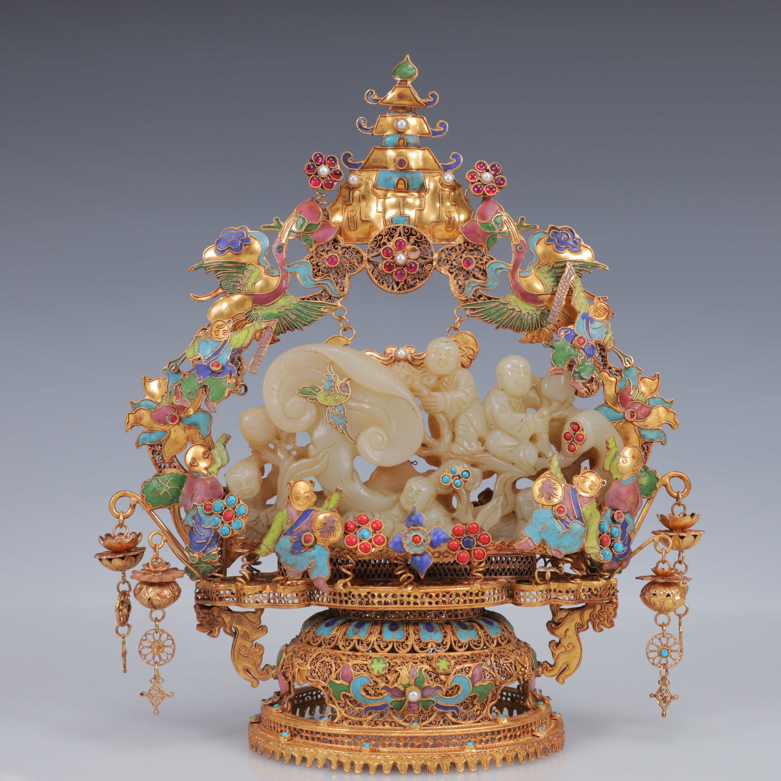 An Exquisite Filigree and Gilding Inlaid White Jade Figure Ornament,Inlaid Gems: An Exquisite Filigree and Gilding Inlaid White Jade Figure Ornament,Inlaid Gems,Qing Dynasty, China,Qianlong Four-Character Mark,Size:9.4inx4.3inx10.6in,Weight:950g 