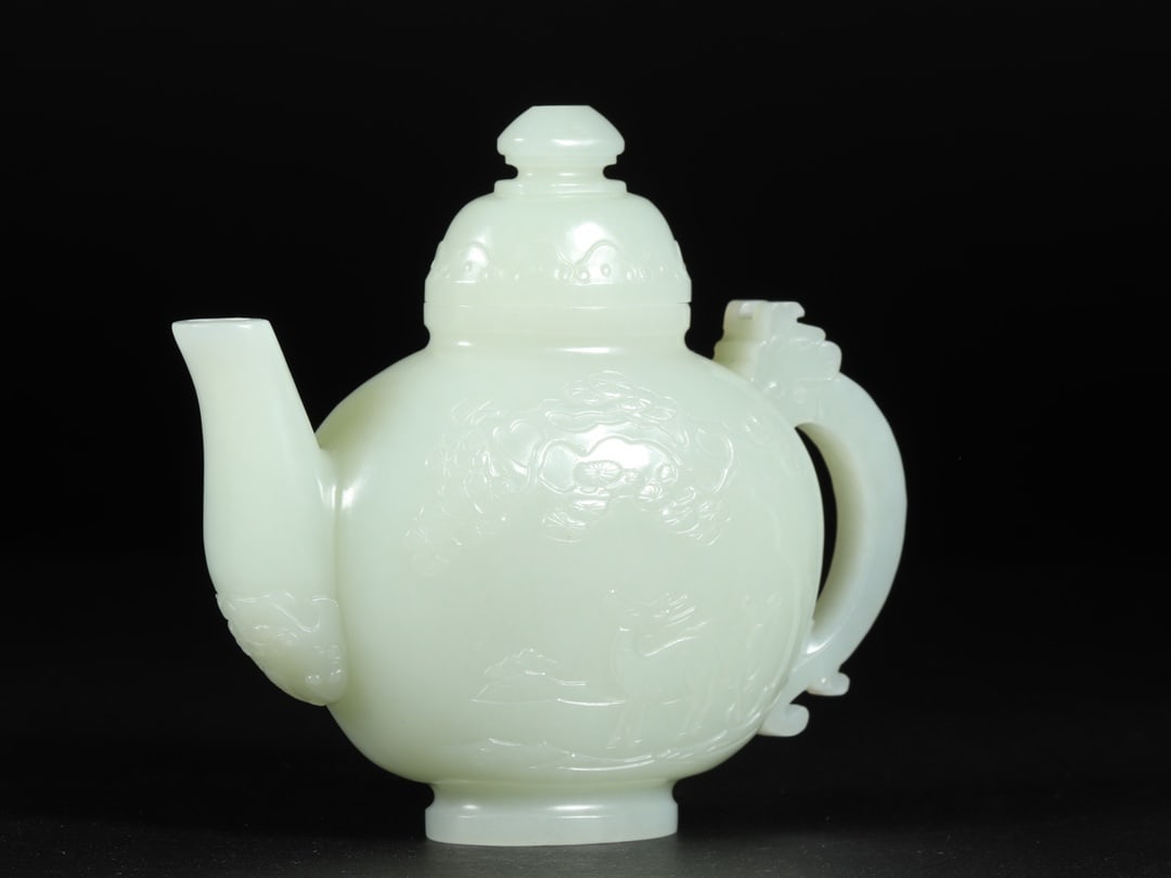 An Exquisite White Jade Pine and Crane Pattern Ewer - 2