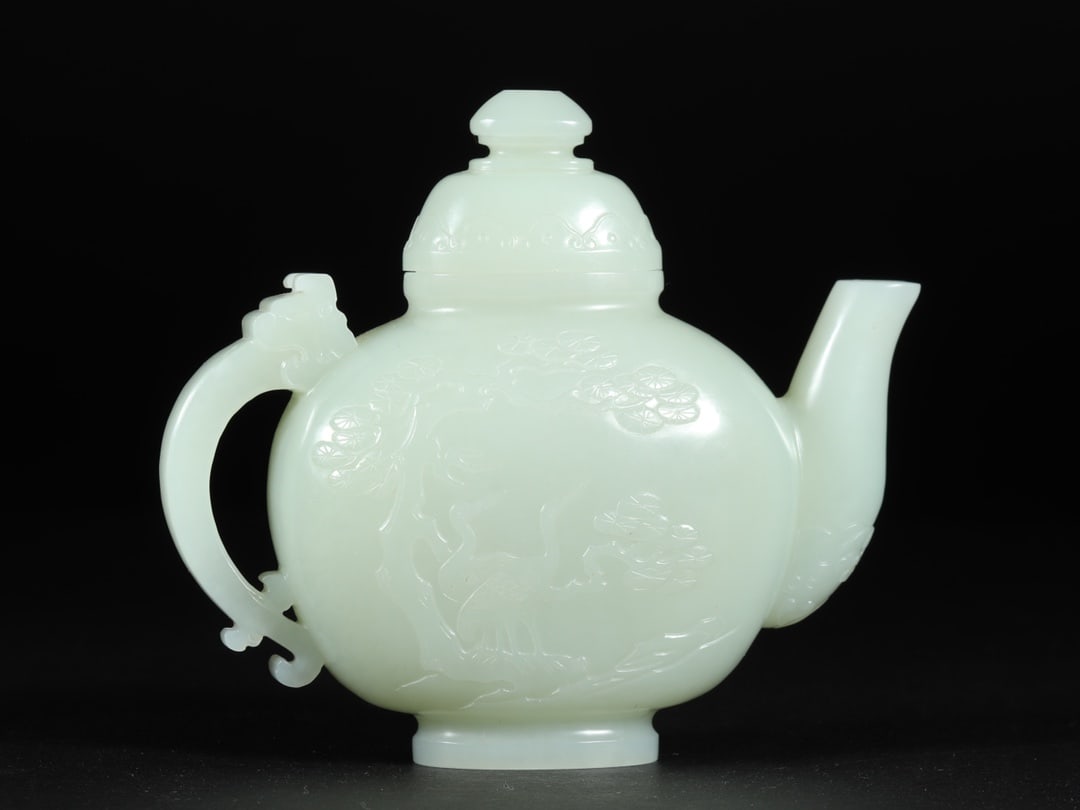 An Exquisite White Jade Pine and Crane Pattern Ewer - 4