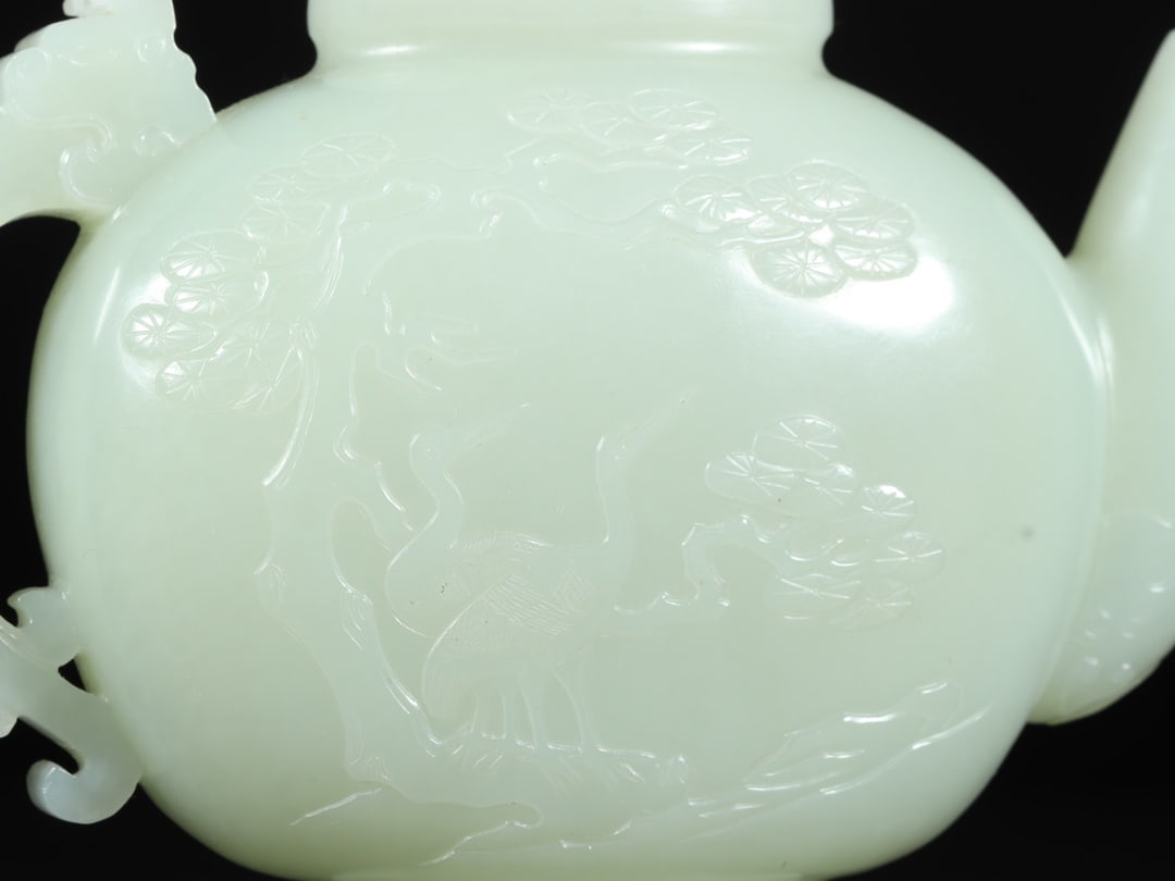 An Exquisite White Jade Pine and Crane Pattern Ewer - 5