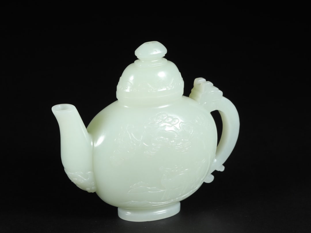 An Exquisite White Jade Pine and Crane Pattern Ewer - 6