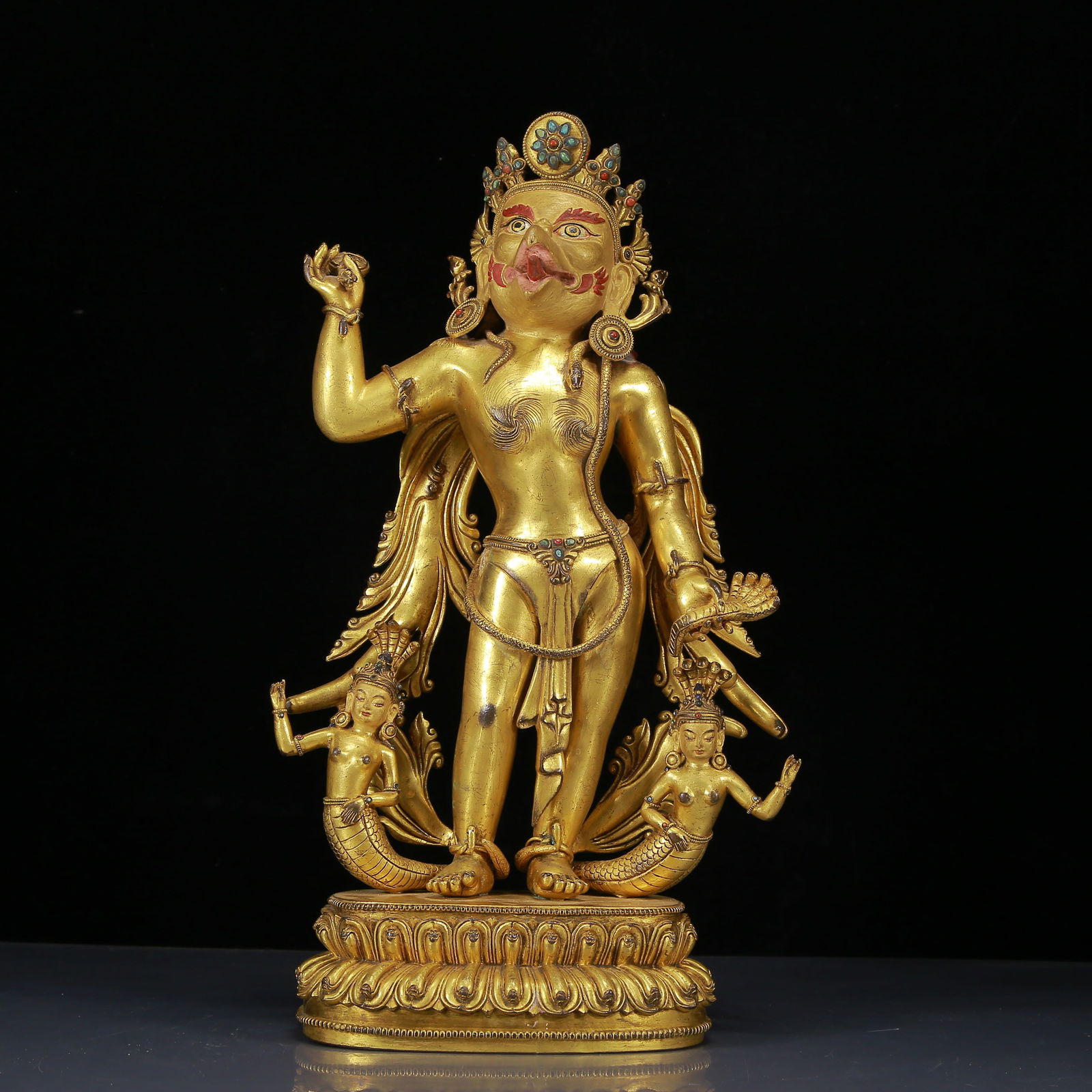 A Solemn Gilt Bronze Inlaid Turquoise Statue of Vajra: A Solemn Gilt Bronze Inlaid Turquoise Statue of Vajra,Ming Dynasty, China,Size:6.7inx4.7inx15.4in,Weight:5840g 
